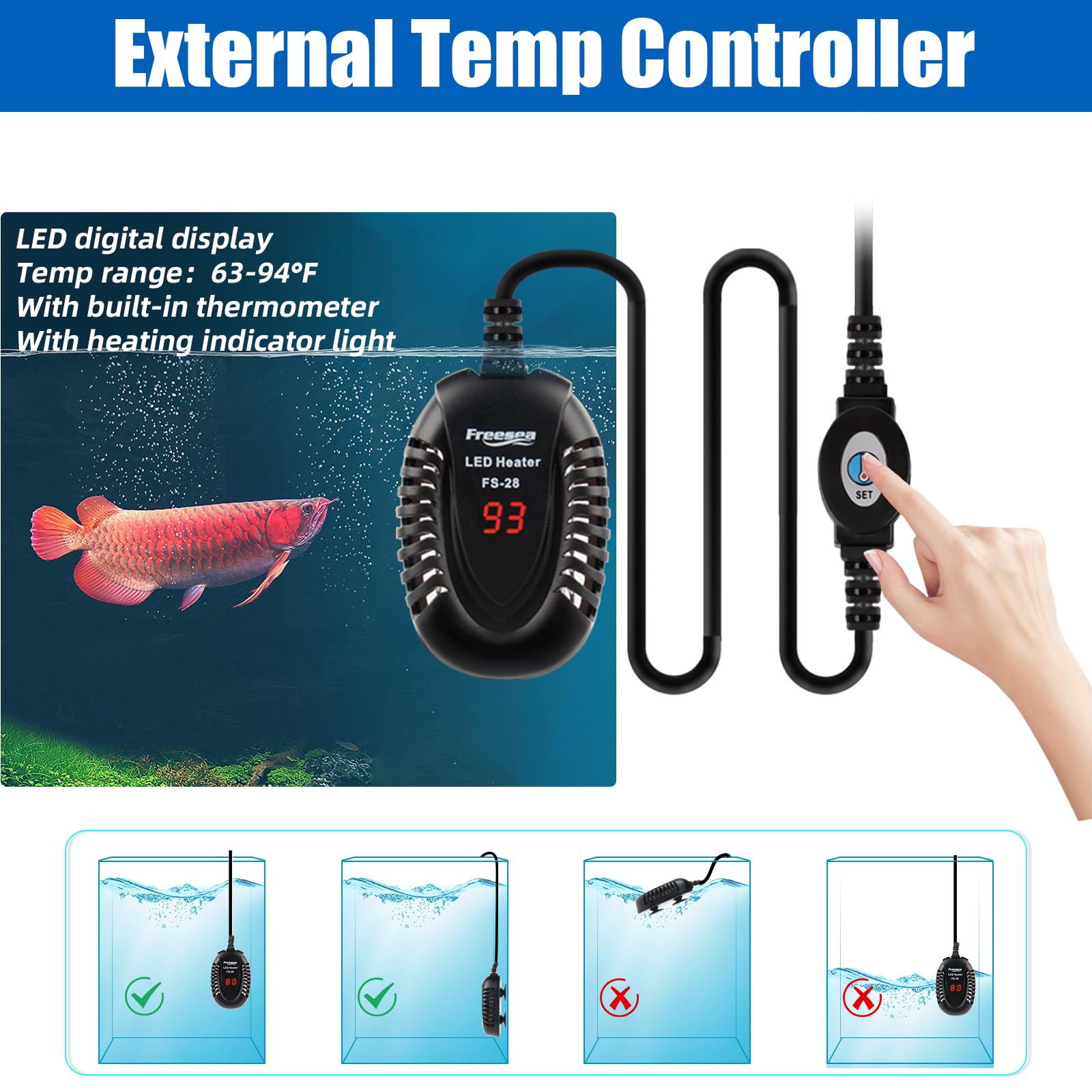 FREESEA 50W Submersible Aquarium Heater with External Controller - Adjustable Temperature for Betta, Turtle, Saltwater & Freshwater Tanks (1-10 Gallon)