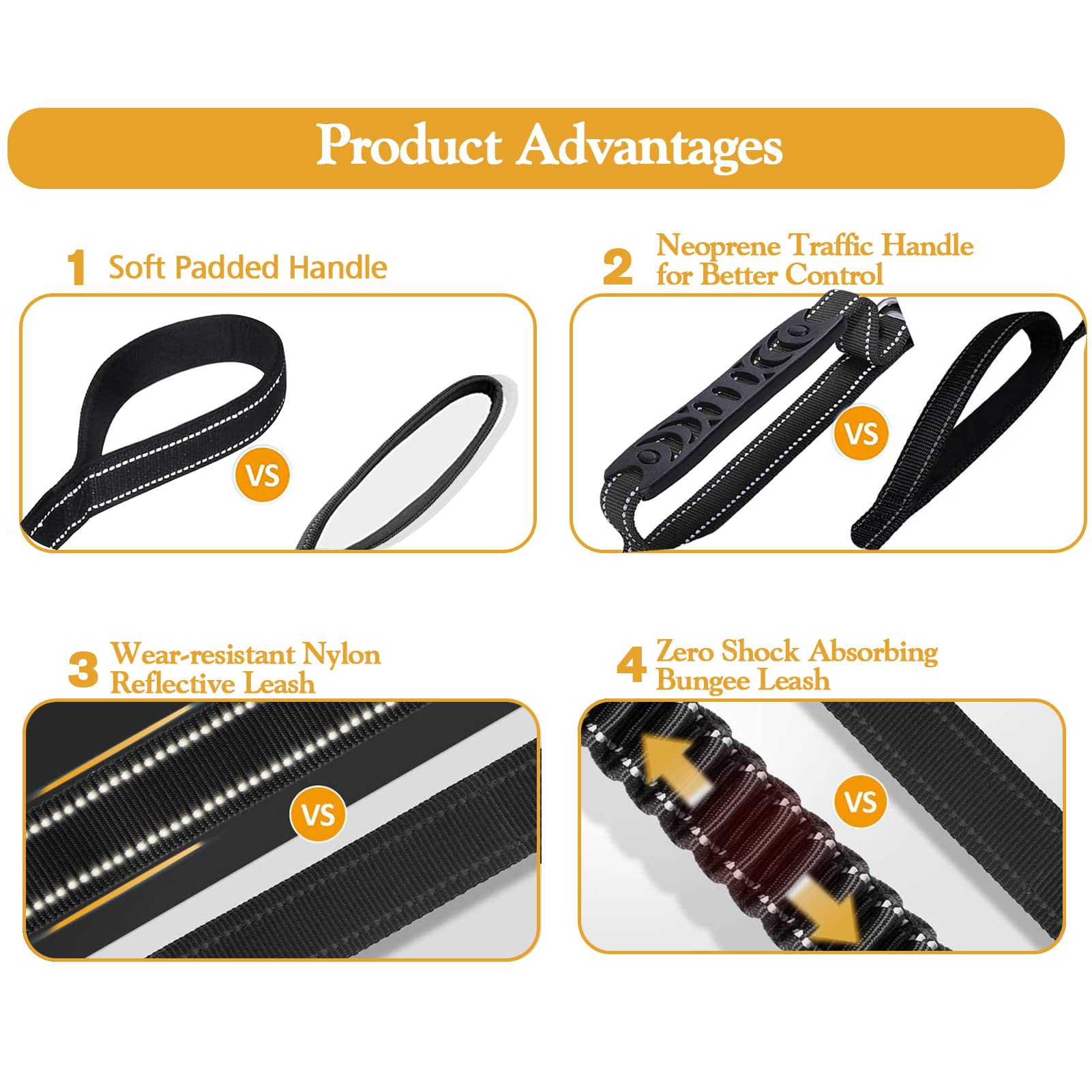 Fashion&Cool Heavy Duty Dog Leash Especially Large Dogs Up To 150Lbs, 4-6 Ft Reflective Dog Walking Training Shock Absorbing Bungee Leash Car Seat Belt Buckle, 2 Padded Traffic Handle Extra Control