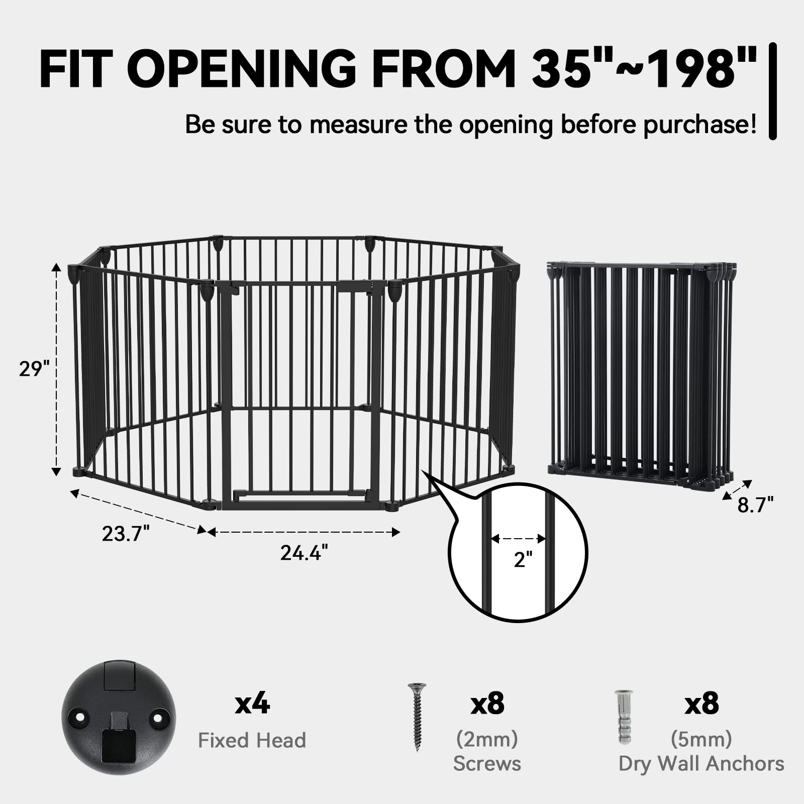 Kfvigoho Baby Gate 35'-198' Extra-Wide Gate For Stairs, Play Yard Child Safety Gate, Dog-Gate With Auto-Close Door, Double Locking System For Fireplace, Kitchen, Foldable 8 Steel Panels, 29' Height
