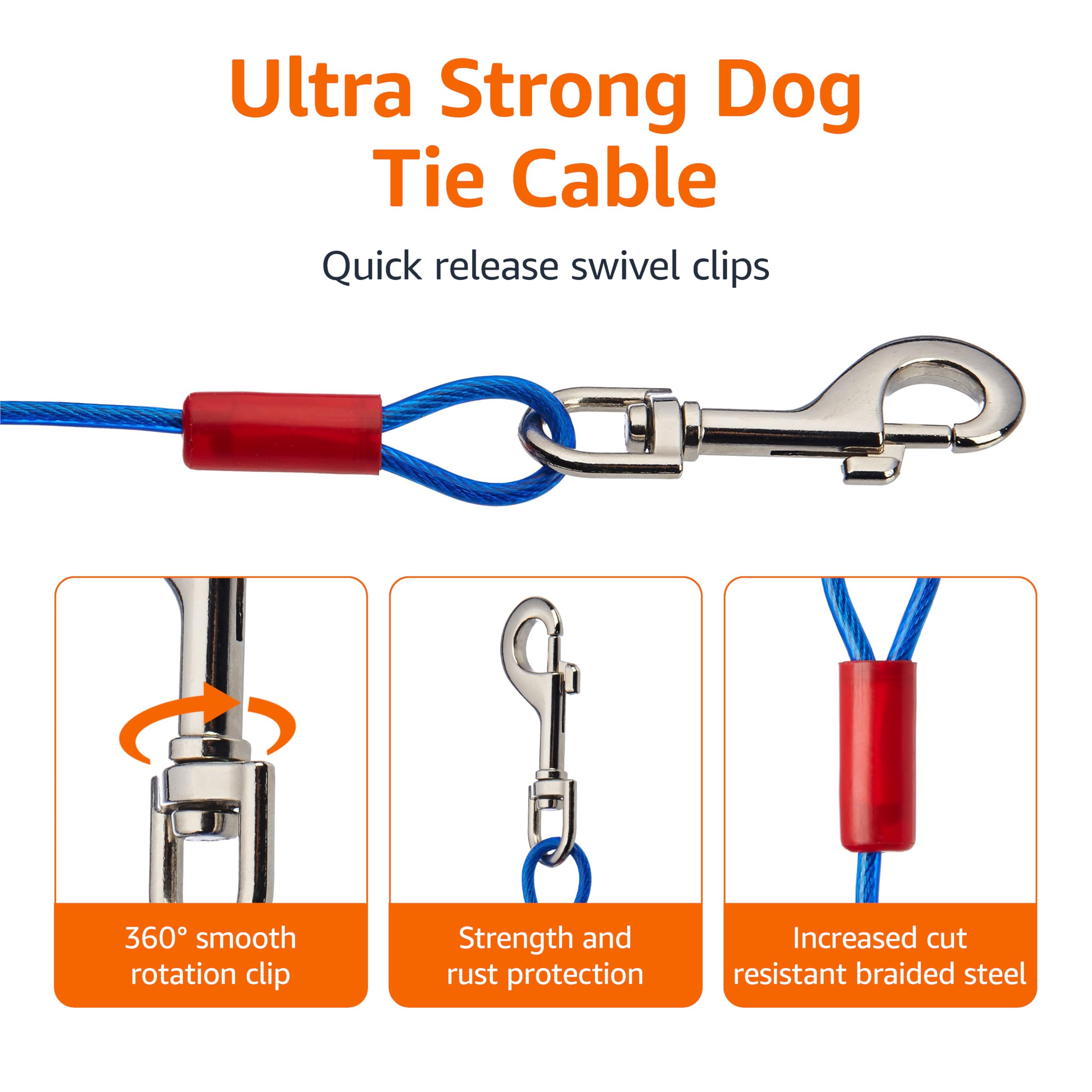 Amazon Basics Tie-Out Cable For Dogs Up To 60 Lbs, 25 Feet, Blue