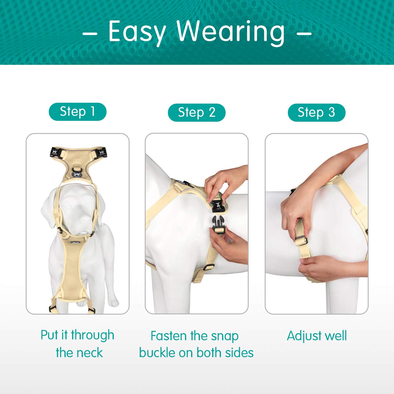 Poypet Reflective Soft Breathable Mesh Dog Harness Choke-Free Double Padded Vest With Adjustable Neck And Chest(Khaki,M)