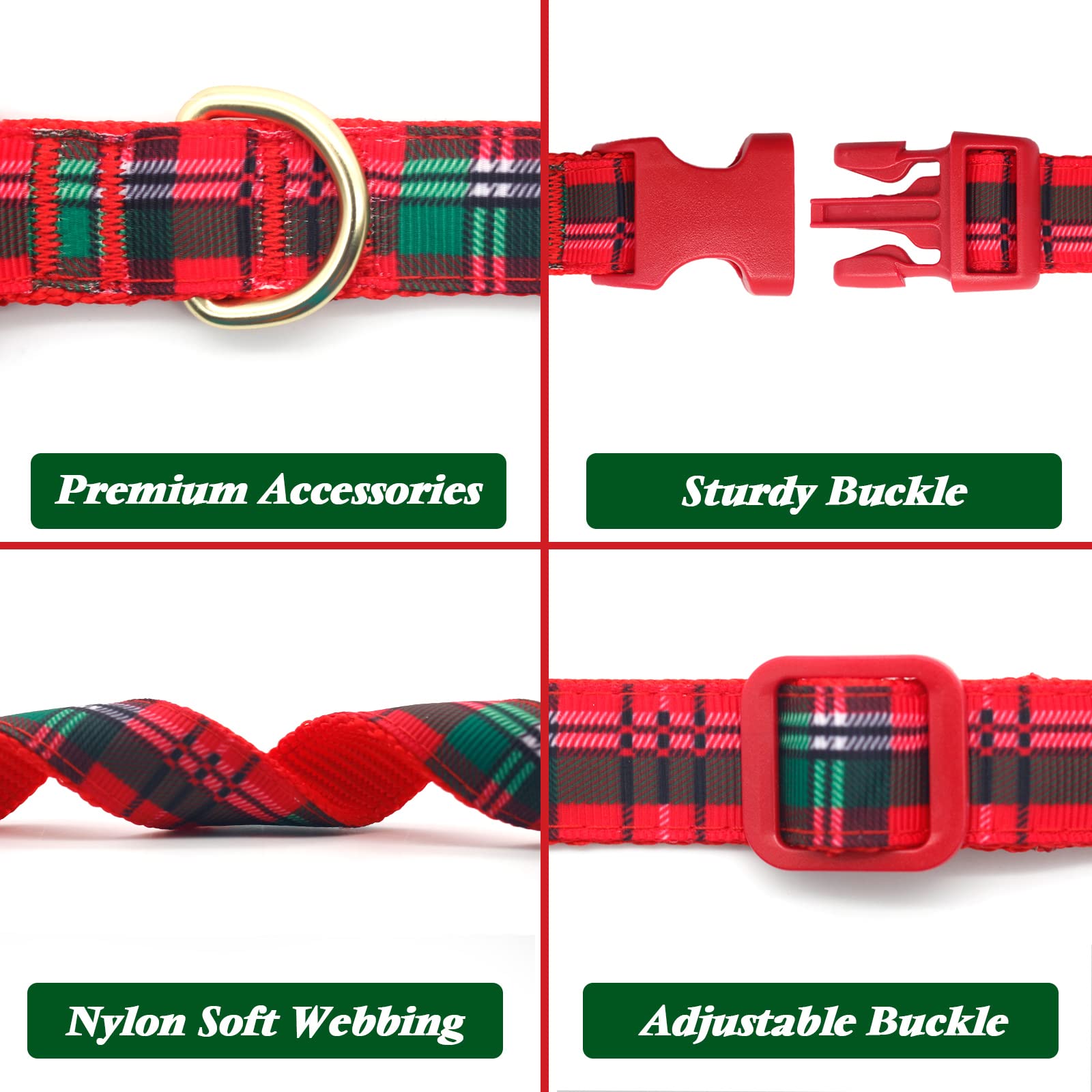 Azuza Christmas Dog Collar, Plaid Dog Collar And Cute Glitter Reindeer Antler With Bowtie, Soft & Comfy Xmas Dog Collars, For Sm