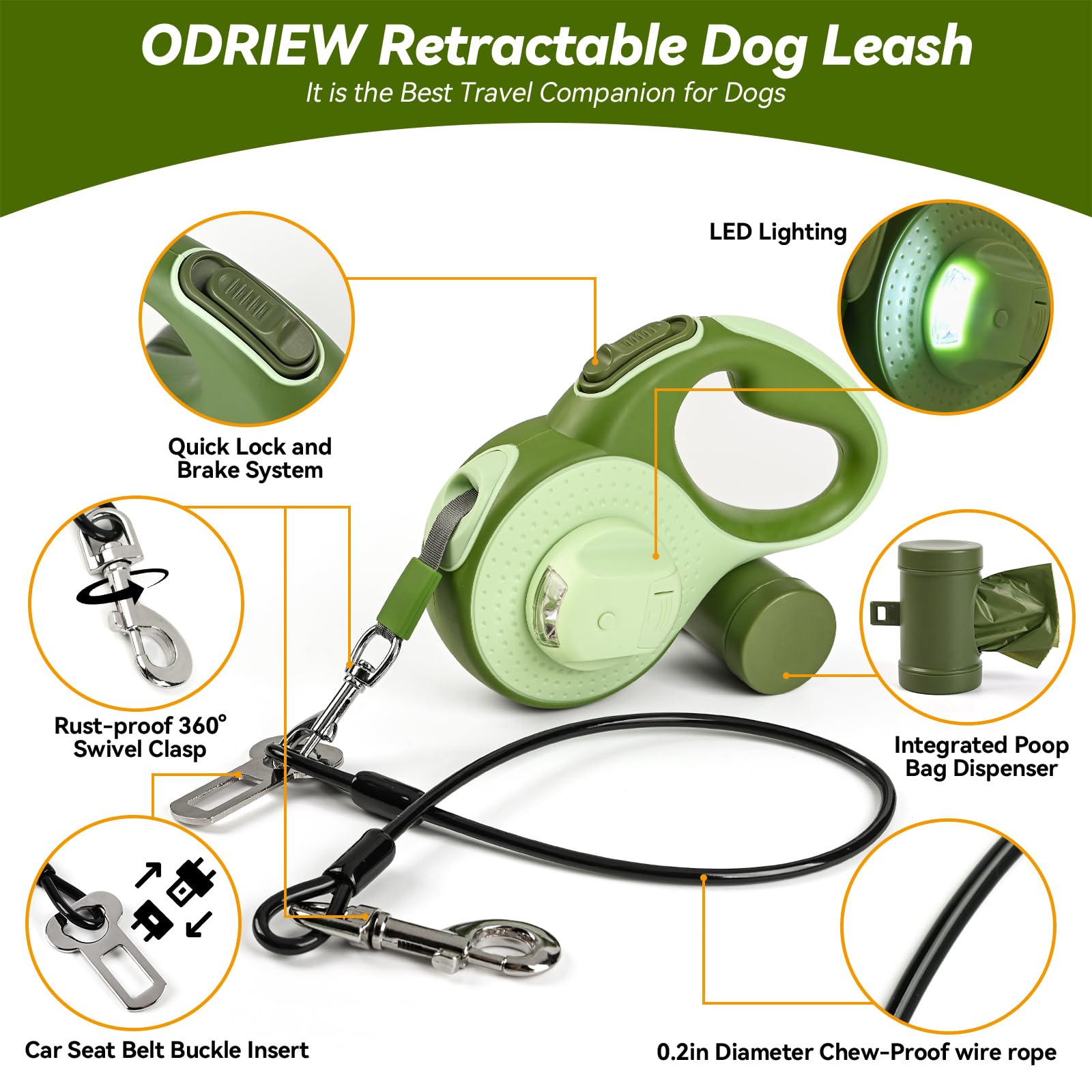 Odriew Heavy Duty Retractable Dog Leash For Large Dogs, 26Ft With Chew Proof Cable, Led Light, Dispenser, 2 Poop Bags. 360 No Ta