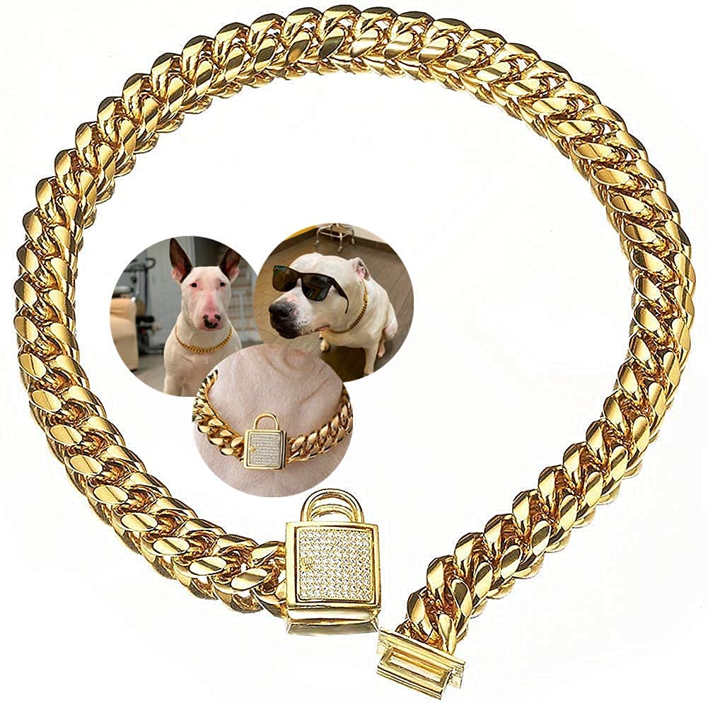 Aiyidi Gold Dog Chain Collar Stainless Steel With Zirconia Lock Luxury Dog Necklace 14Mm Heavy Duty Cuban Chain Collar For Small