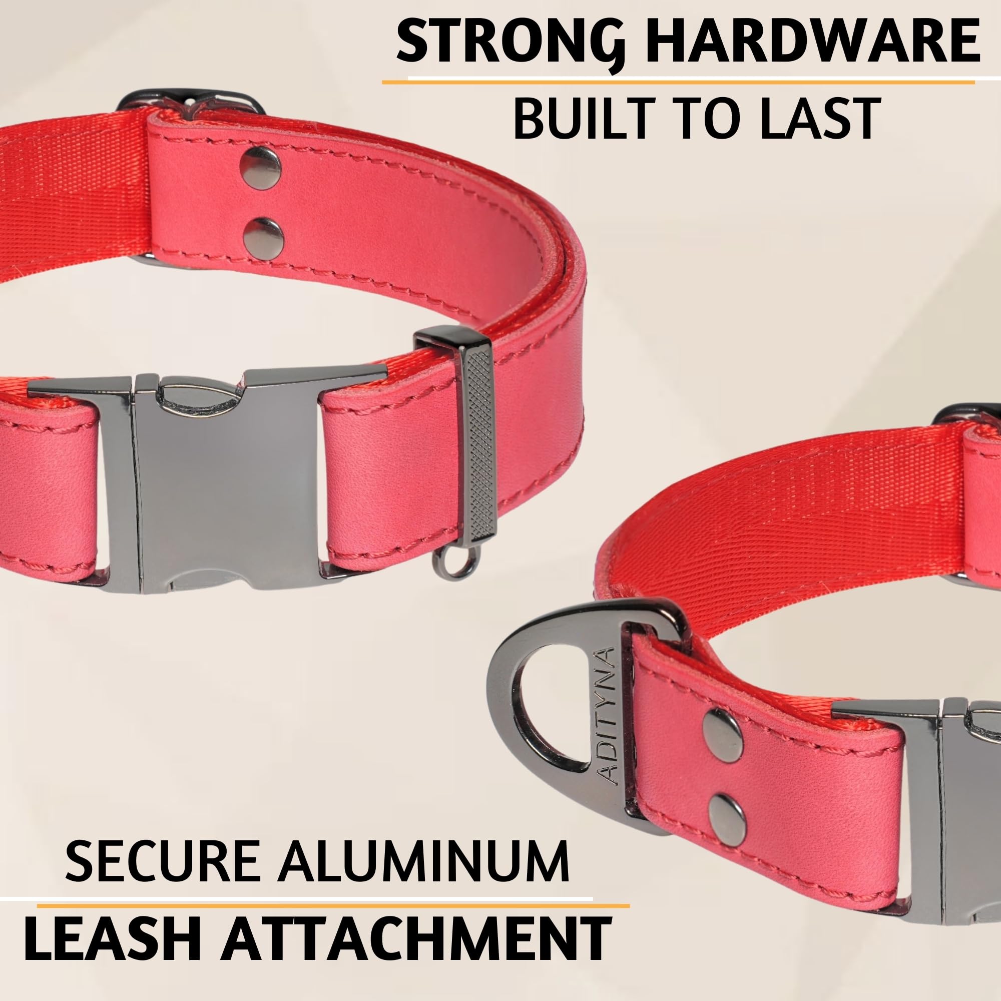 ADITYNA Red Leather Dog Collar with Metal Buckle - Heavy-Duty, Adjustable for Medium & Large Dogs (Red, Fits 15-21'' Necks)