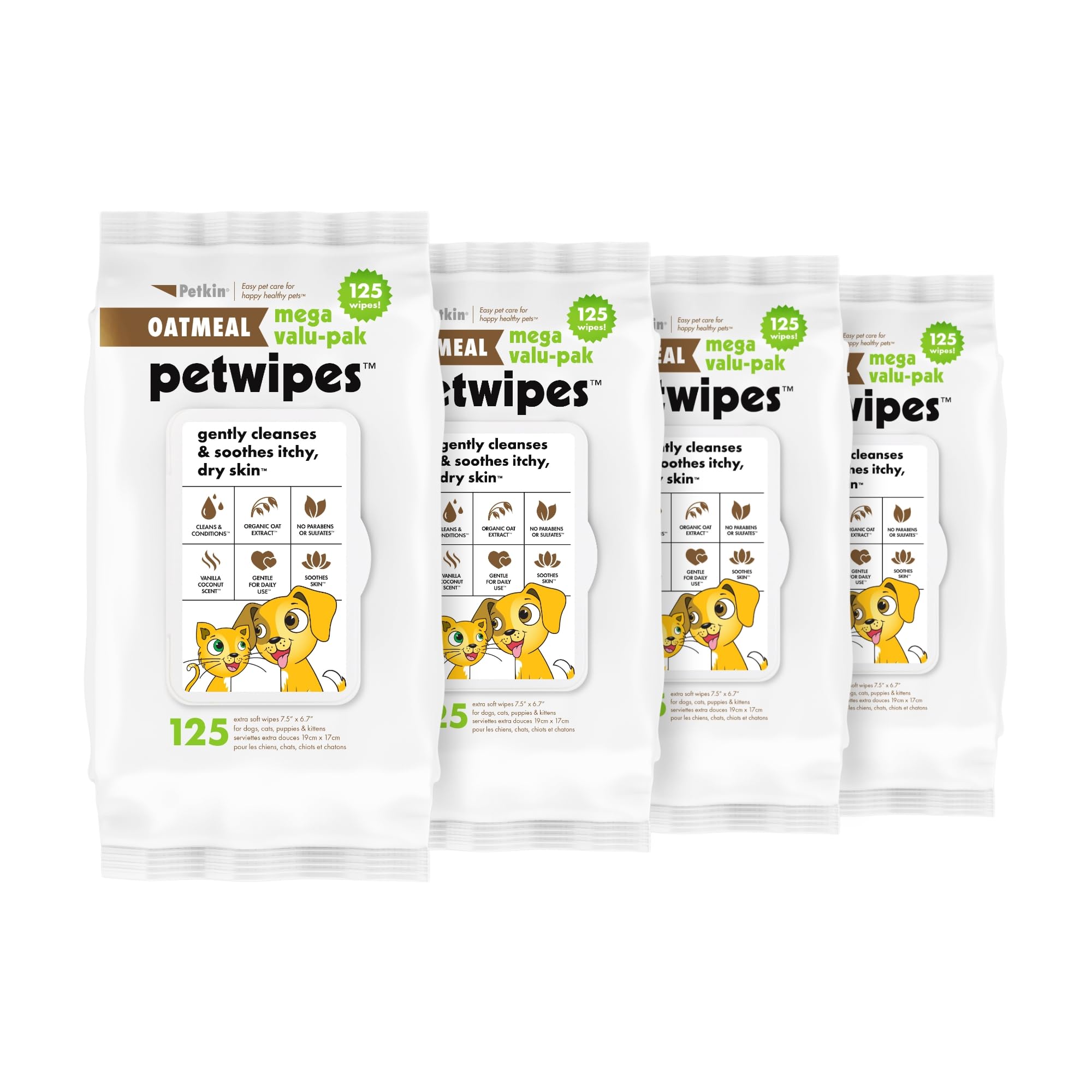 Petkin Mega Valu-Pak Pet Wipes, 500 Total Wipes - Oatmeal Pet Wipes For Dogs And Cats - For Face, Paws, Ears, And Body - Super C