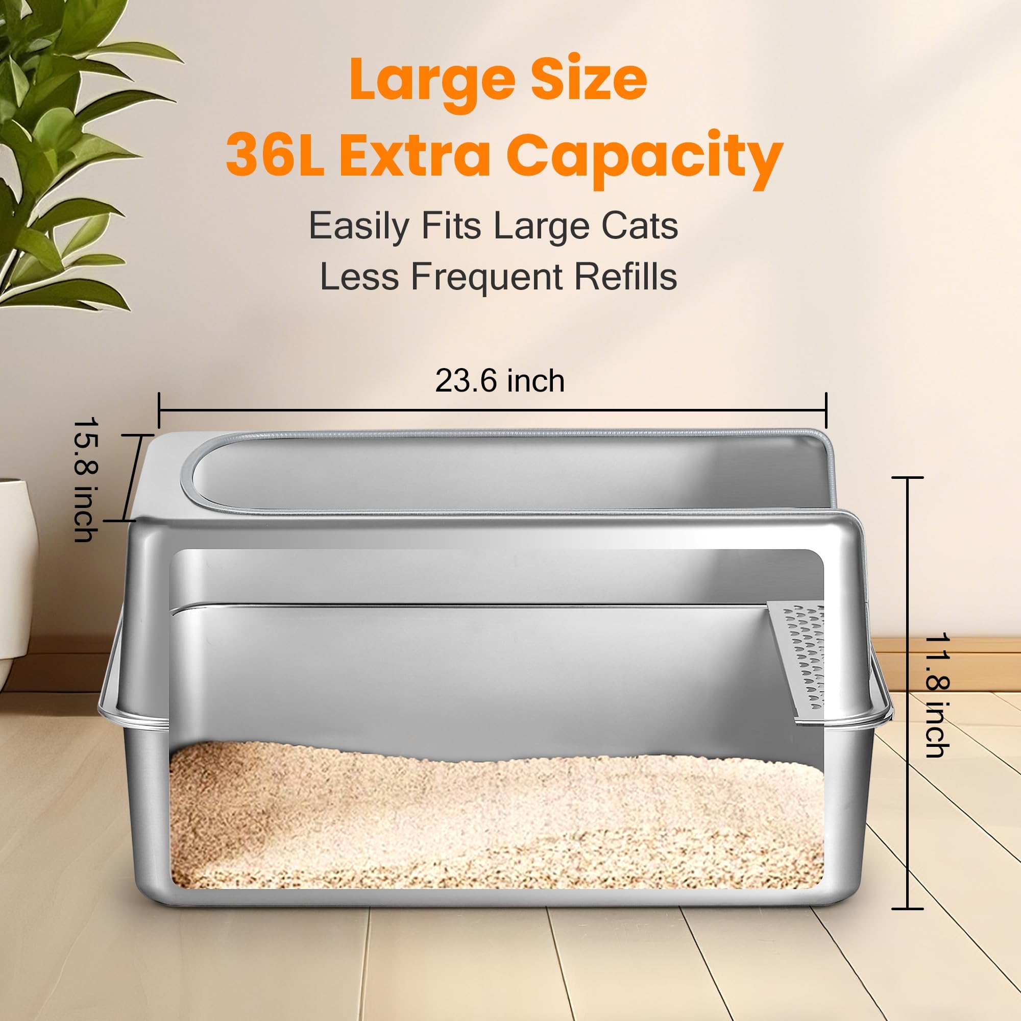 Aothey Stainless Steel Litter Box With Metal Lid And Scoop - Enclosed Metal Litter Box For Large Cats, Rust-Resistant, Odor-Cont