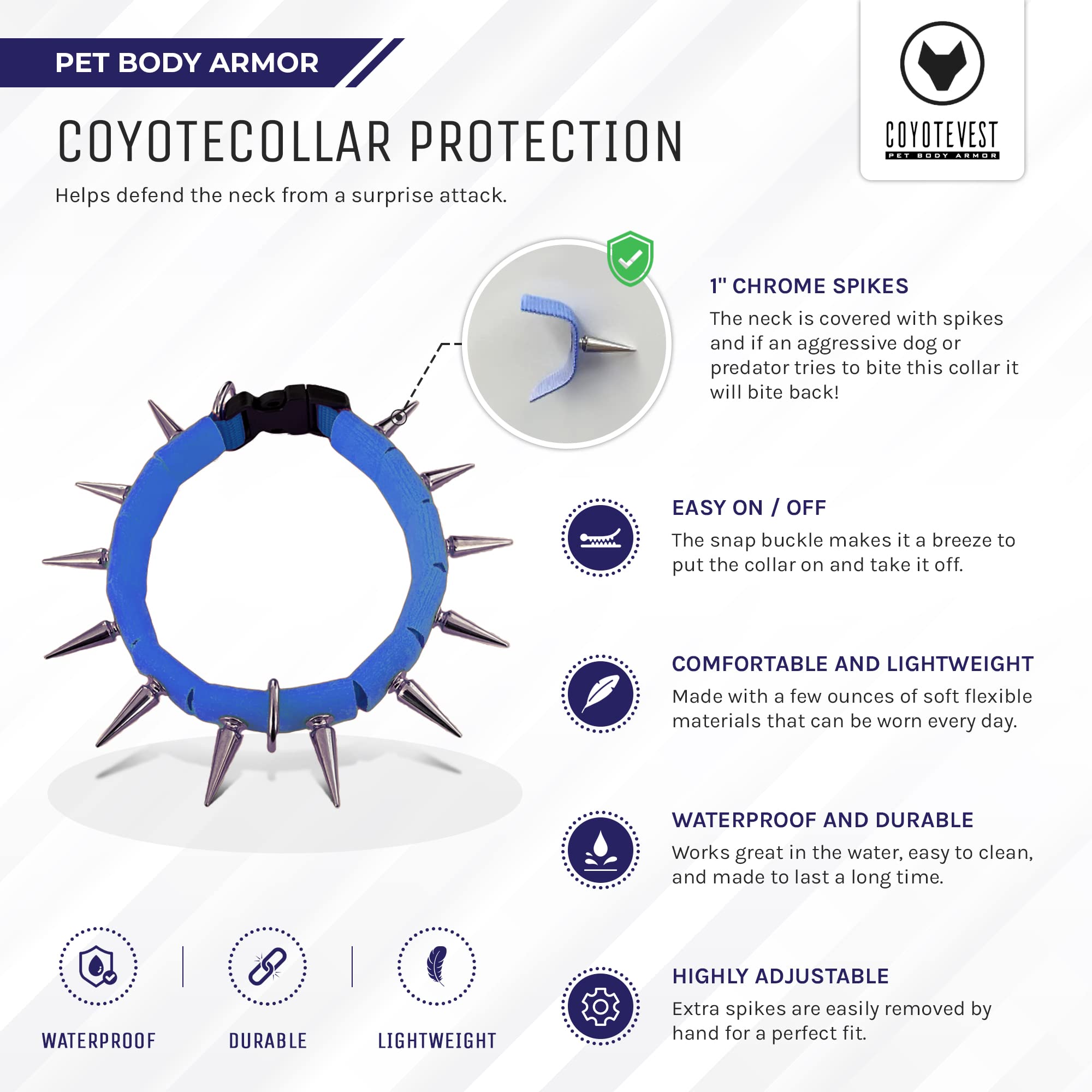 Coyote Collar Medium Spike Collar - Blue Studded For Dogs, Adjustable, Protection Against Coyotes And Aggressive Dogs