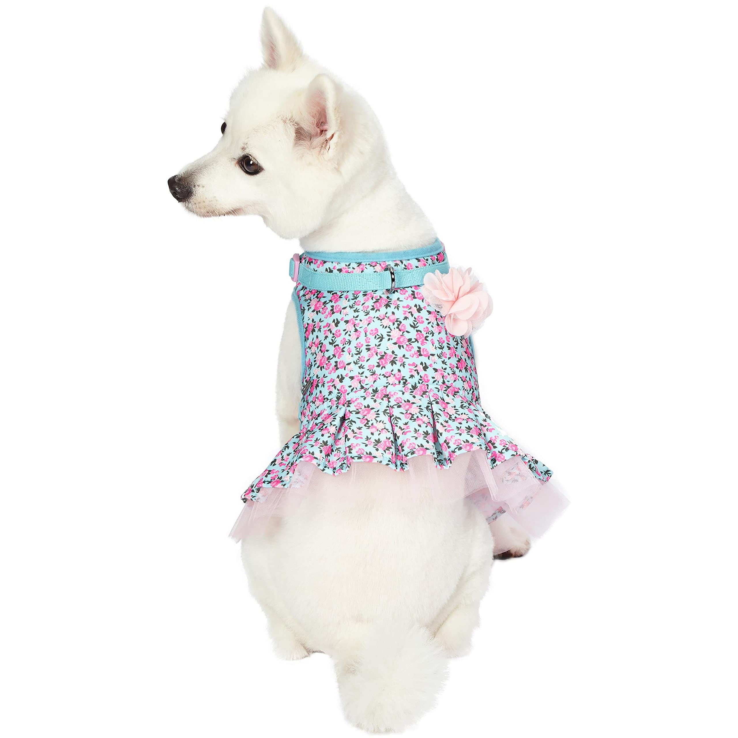 Blueberry Pet Soft & Comfy Made Well Cute Floral No Pull Mesh Dog Costume Harness Dress in Light Blue, Chest Girth 19-21, Small,