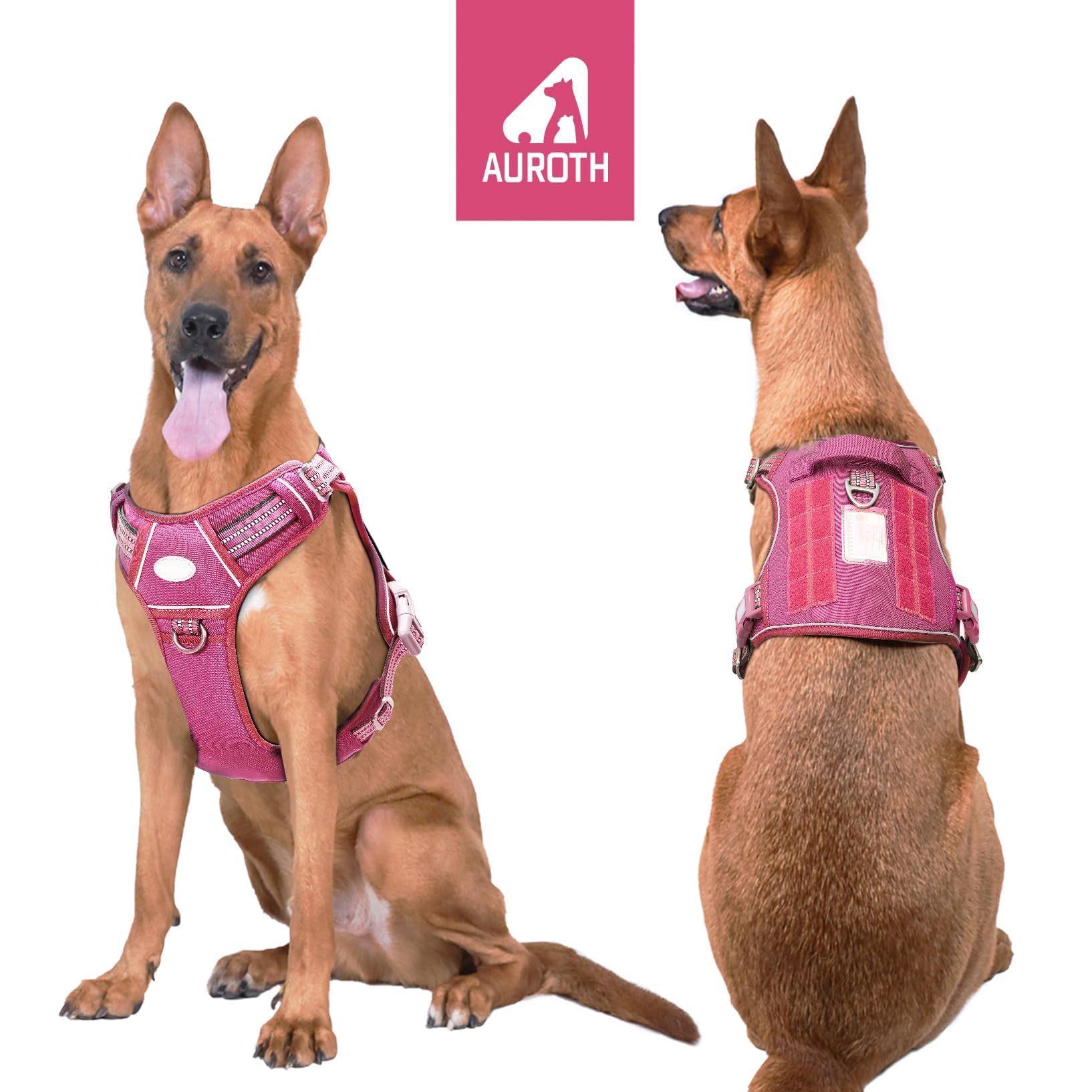 Auroth Tactical Dog Harness For Large Dogs No Pull Adjustable Pet Harness Reflective K9 Working Training Easy Control Pet Vest Military Service Dog Harnesses Rose Red Xl