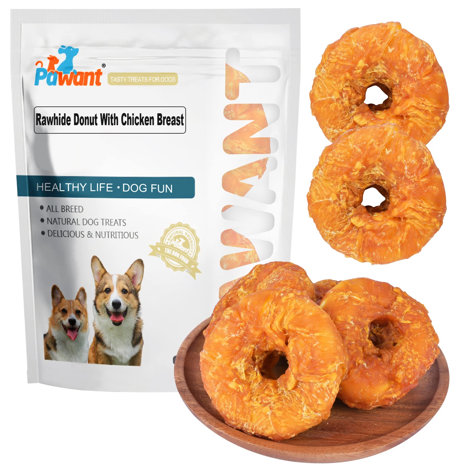 Pawant Dog Treats Long Lasting for Large Dog Clean Teeth Chicken Wrapped Rawhide Donuts 1lb/454g