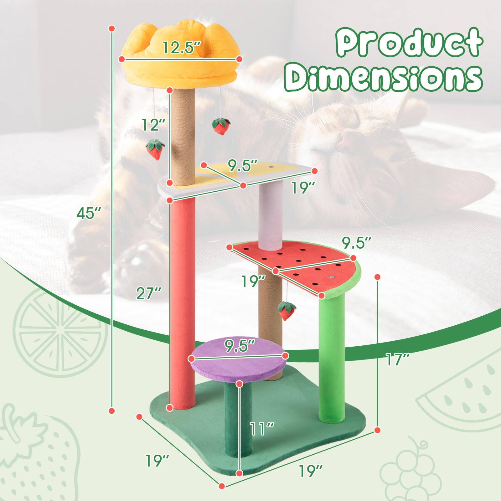 Tangkula Fruit Cat Tree, Multi-Level Cute Cat Tower with Scratching Posts, Padded Top Perch, Strawberry Dangling Balls, Watermel