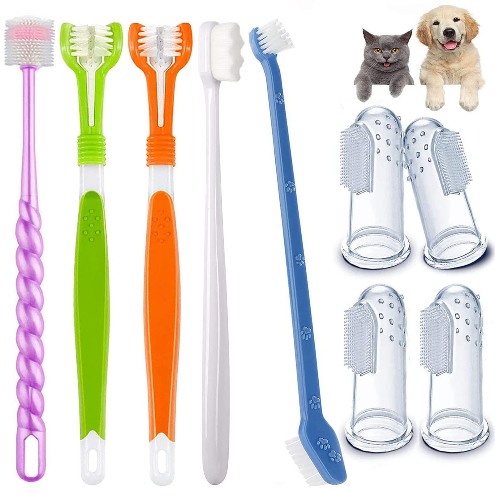 AZOFFYIU Triple Head & Double Head Dog Toothbrush Set, Finger Rubber Toothbrush, Multi-Angle Dental Cleaning Brushes for Cat Ora