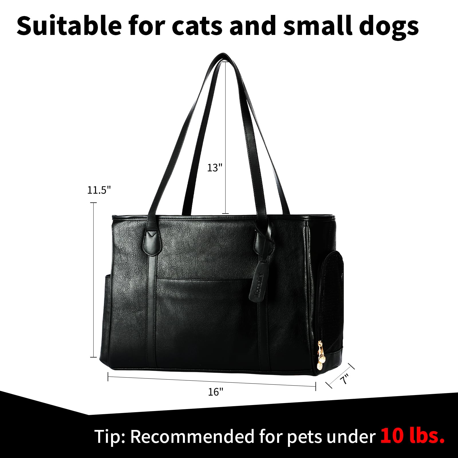 Monanller Stylish Dog Purse Carrier, Leather Pet Carrier Bag For Small Dogs Cats Puppy, Airline Approved Soft-Sided Carrier Blac