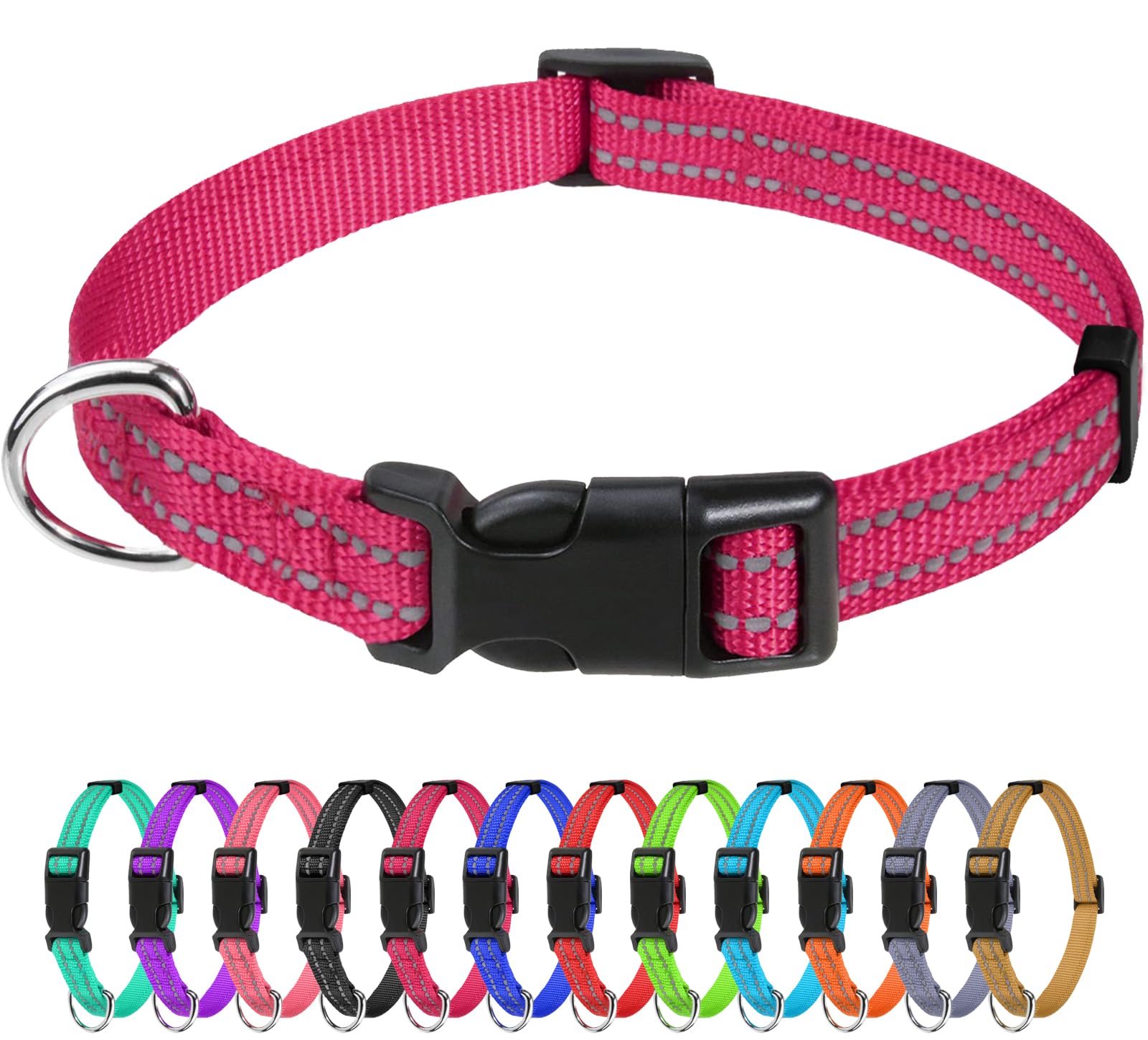 Tagme Reflective Nylon Dog Collars, Adjustable Classic Dog Collar With Quick Release Buckle For Puppy, Hot Pink, 3/8' Width