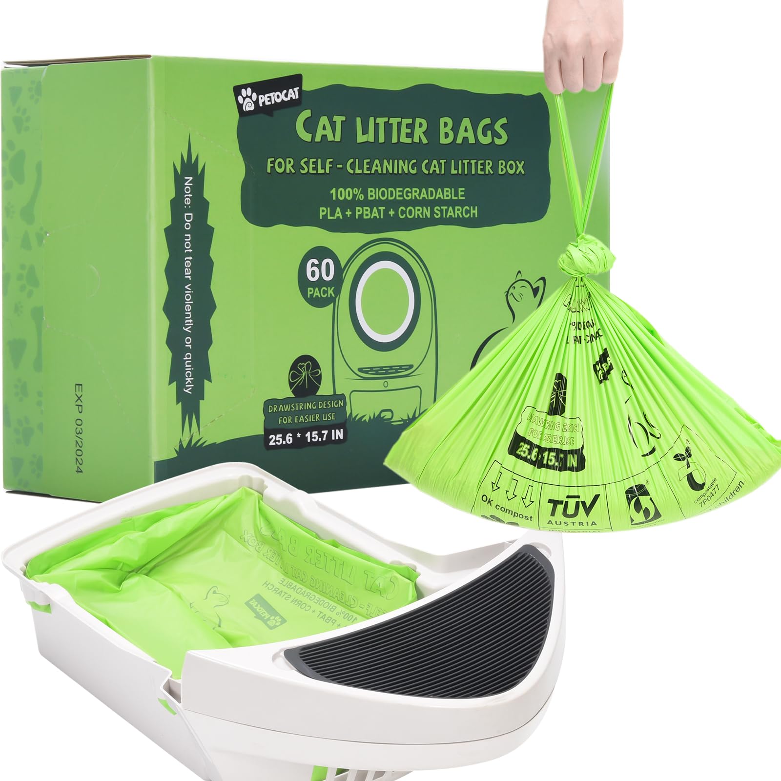 Biodegradable Cat Litter Liner Bags Compatible with LR 3, 4 and Most Self-Cleaning Litter Boxes, 60 Count Kitty Automatic Waste 