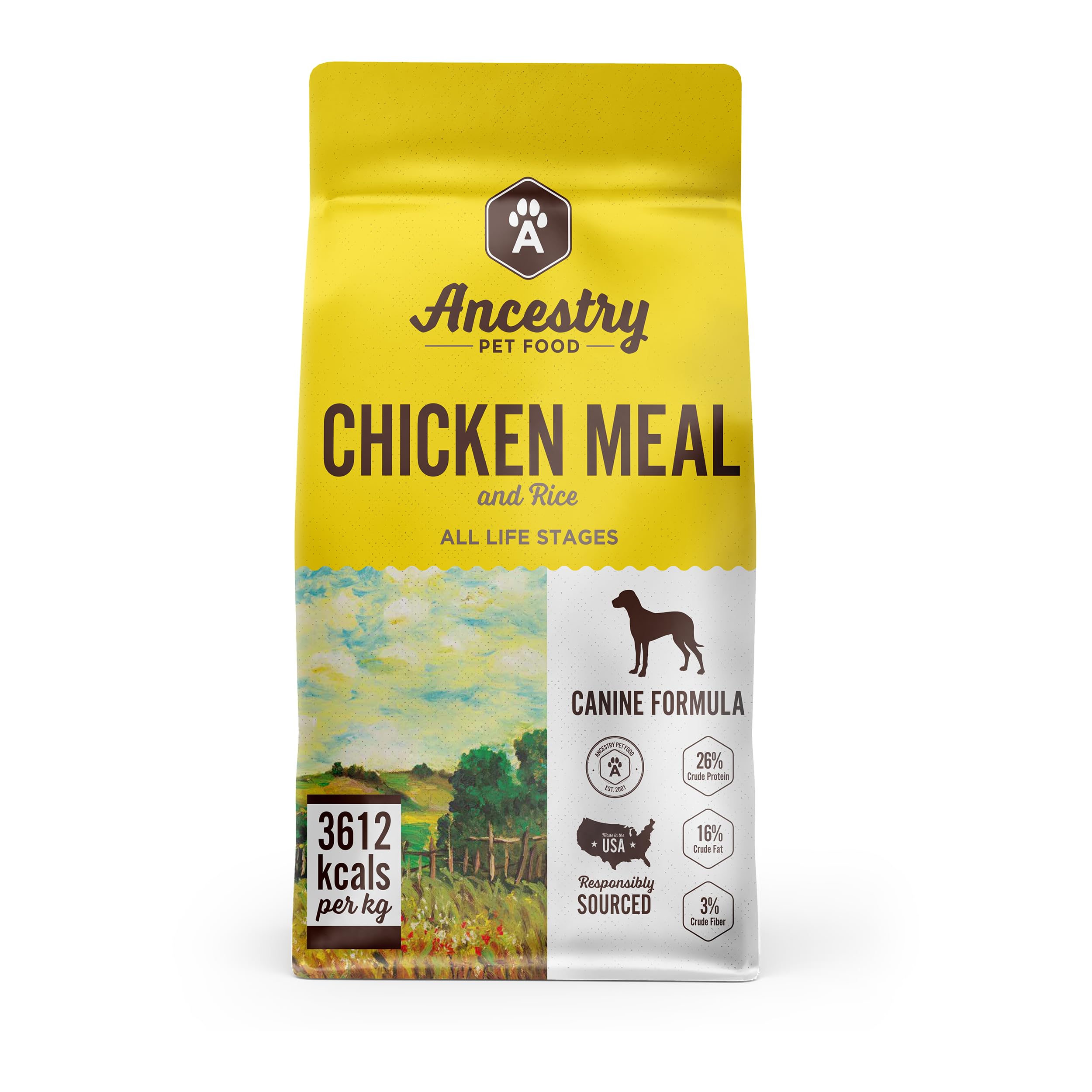 Ancestry Dog Food, Chicken Meal & Brown Rice Formula, Crude Protein, Fiber & Fat with Added Vitamins, For All Life Stages, Dry D