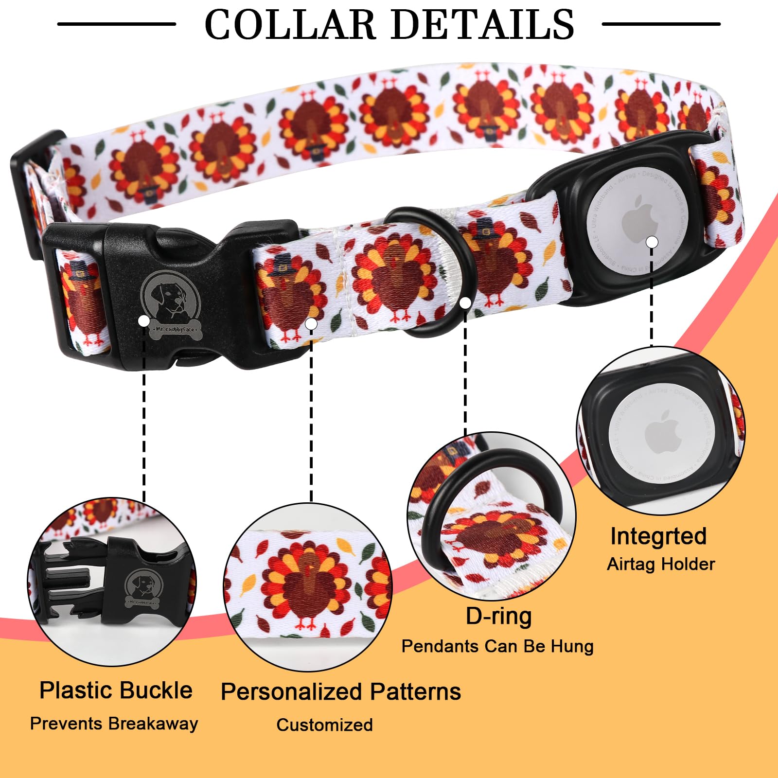 Thanksgiving Day Dog Collar With Apple Airtag Holder Mr.Chubbyface Turkey Dog Collar For Small Medium Large Boy Girl Dogs