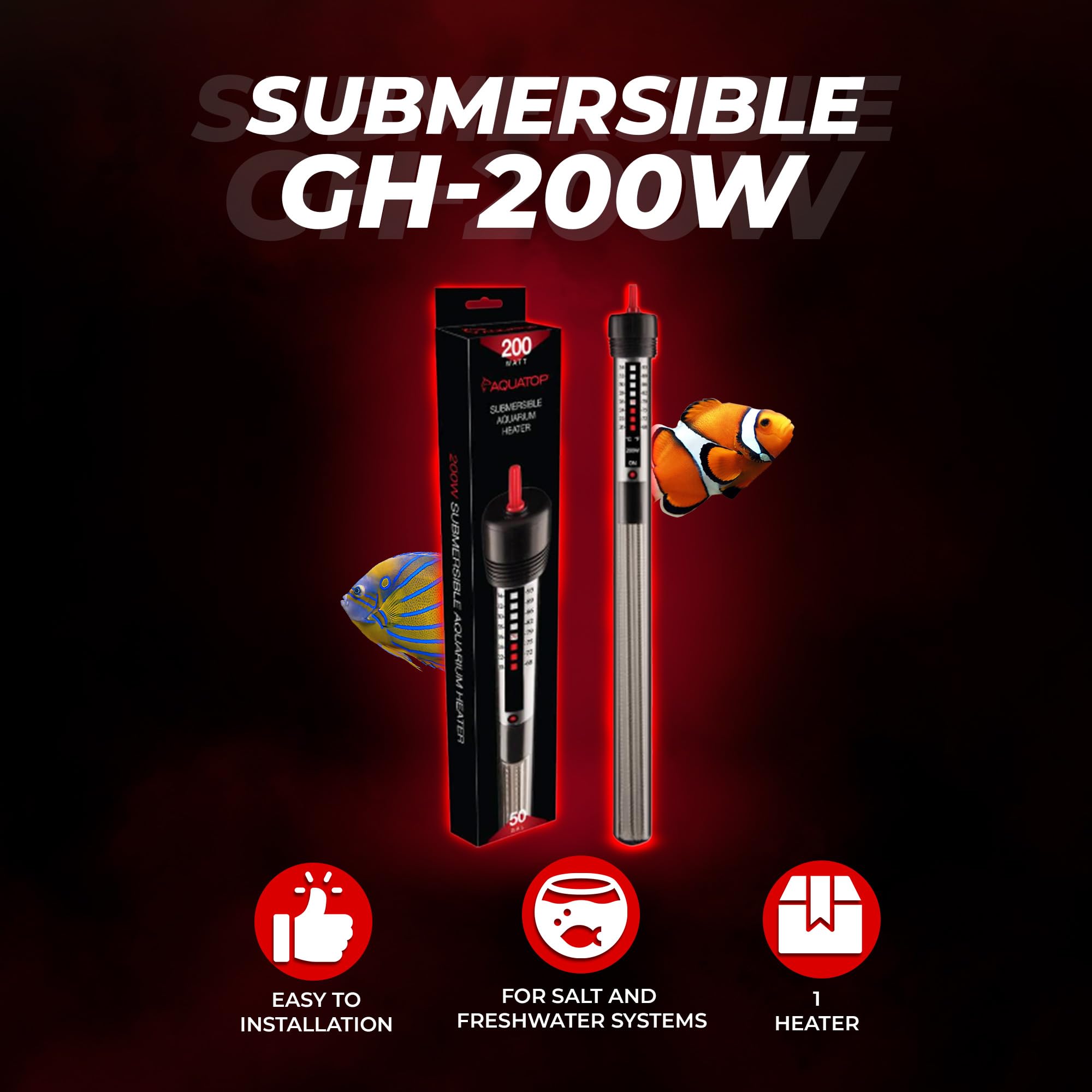 Aquatop 200W Submersible Aquarium Heater, Adjustable Temp for 50 Gallon Tanks, Black, Model GH-200WMKII, Freshwater & Saltwater Use