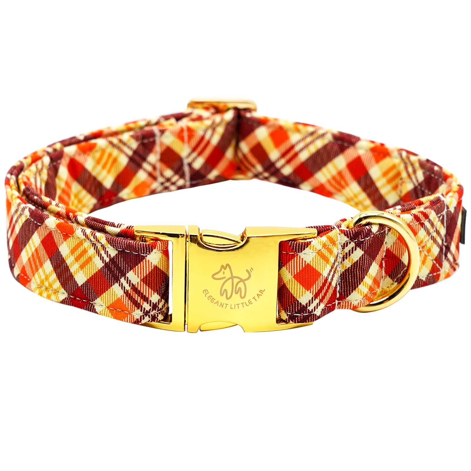 Elegant Little Tail Dog Collar - Orange Plaid Fall Pet Collar With Metal Buckle For Small Dogs, Puppies - Adjustable Cotton Coll