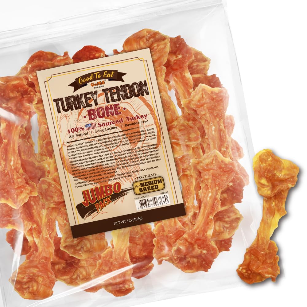 Gootoe Turkey Tendon Dog Treats, Bone (M) 1 lb, 100% USA Sourced Turkey, Natural Snack, Premium Puppy Chews, Hypoallergenic, Raw