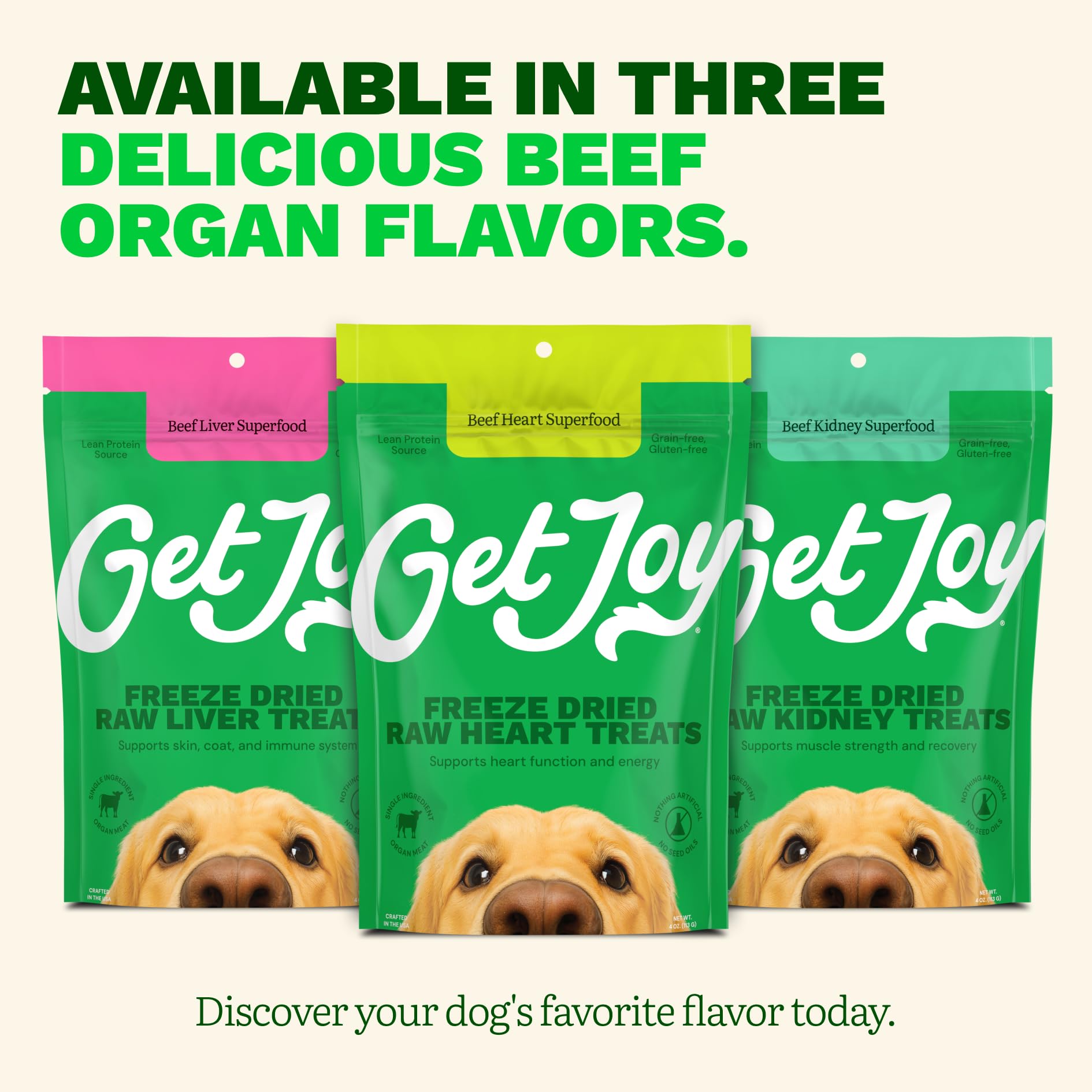 Get Joy Freeze Dried Superfood 100% Beef Heart Dog Treats, 4 Ounce Bag, Single Ingredient Organ Meat, High Protein, Heart Health