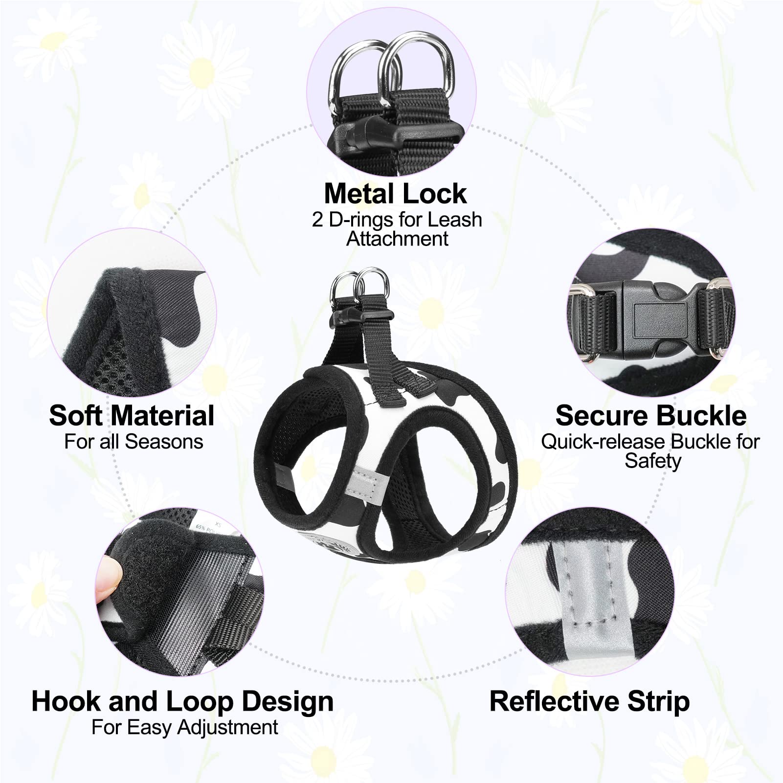 Beautyzoo Small Dog Harness And Leash Set, Cow Print Step In Dog Harness No Pull No Choke Puppy Harness Reflective For Xxs Xs S