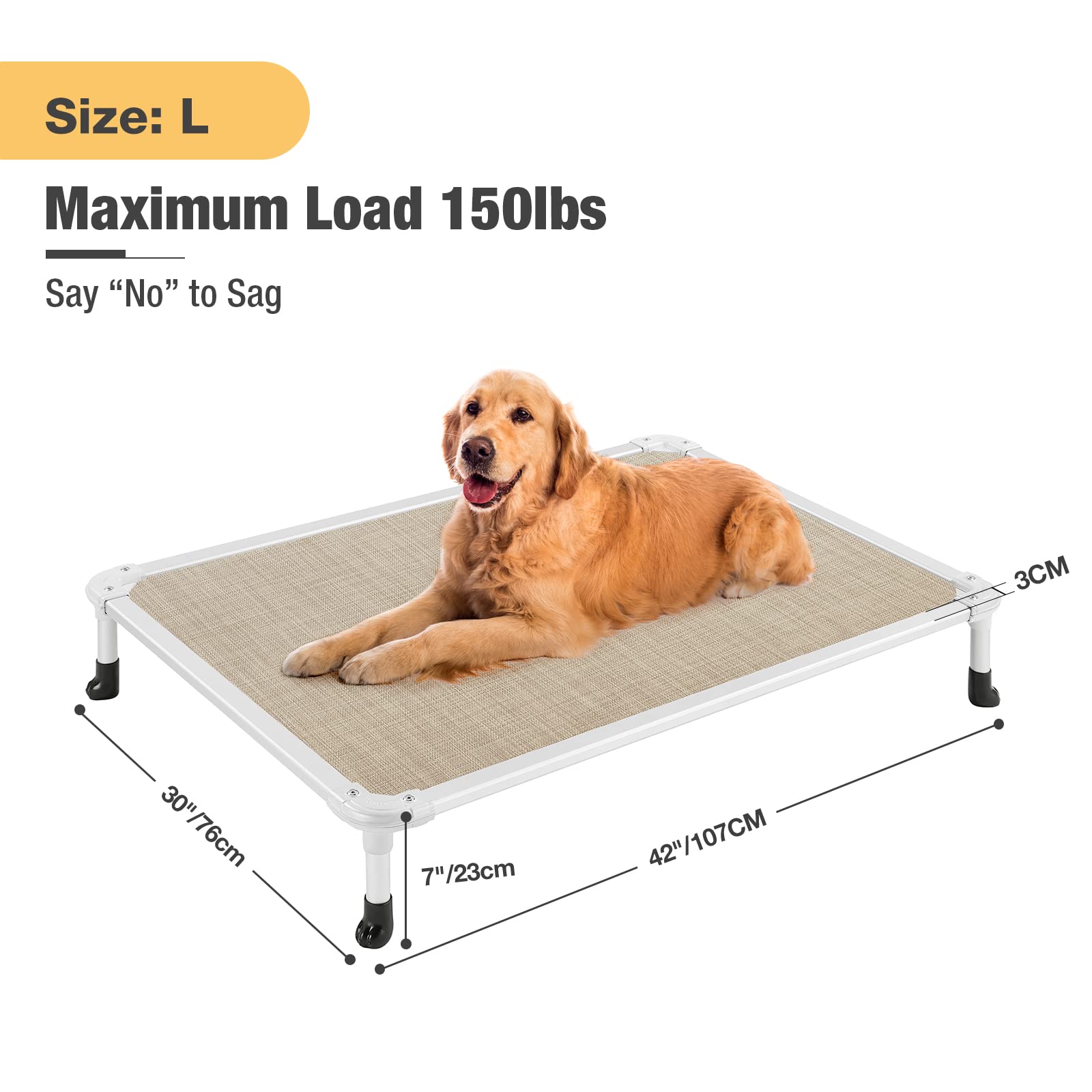 Veehoo Chew Proof Elevated Dog Bed - Cooling Raised Pet Cot - Silver Aluminum Frame And Durable Textilene Mesh Fabric, Unique Designed No-Slip Feet For Indoor Or Outdoor Use, Beige Coffee, Large