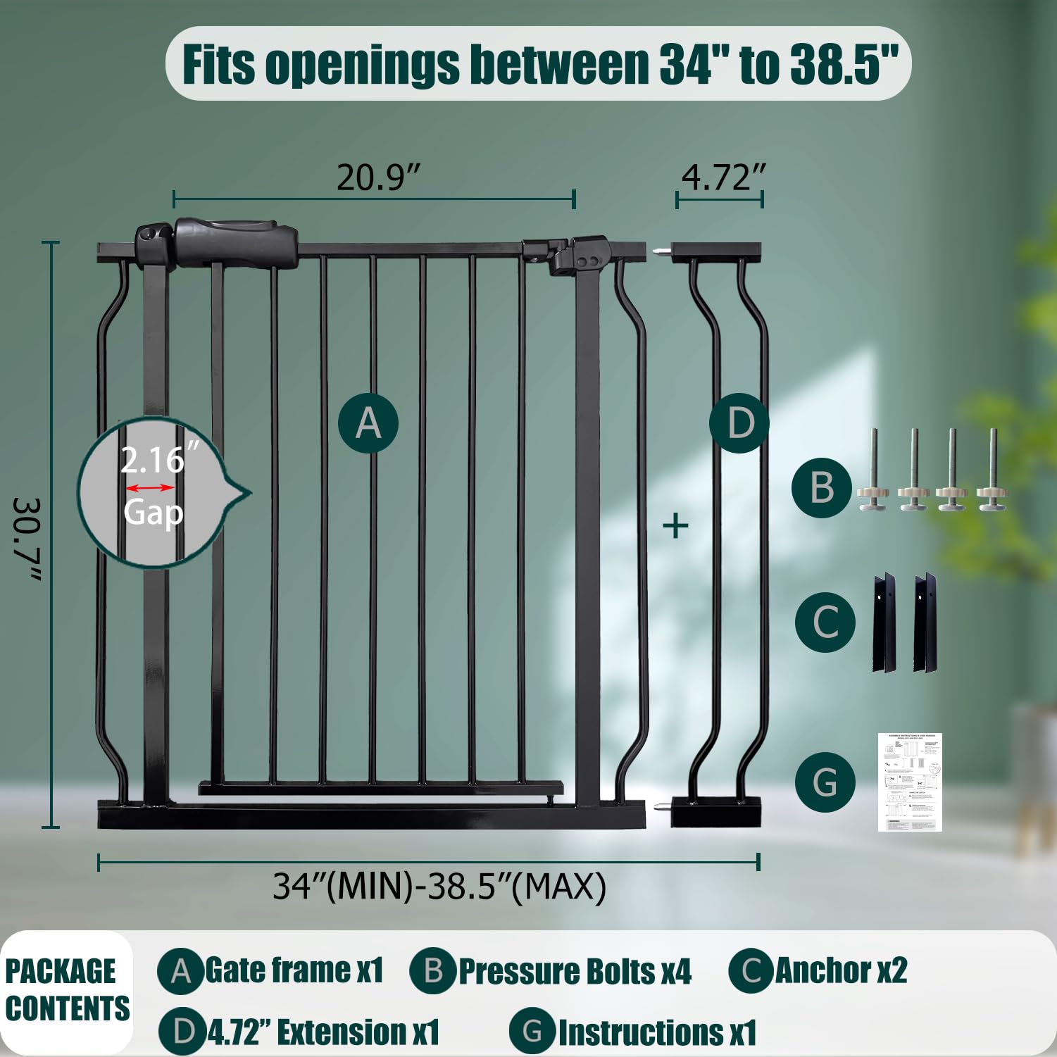 Walk Through Baby & Dog Gate 34-38.5 Inch, Auto Close, Tension Mounted Indoor Safety Gate for Stairs & Doorways - Black Metal, 3