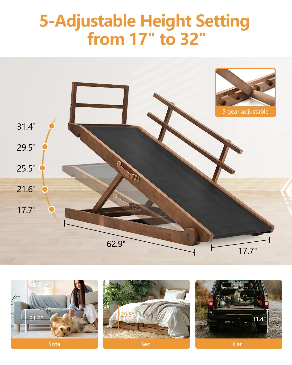 Large Dog Ramp For Bed, Pet Ramp For Dogs To Get On Bed, Folding Dog Bed Ramp For Large Dog & Older Dog/Cat, Wood Furniture Dog