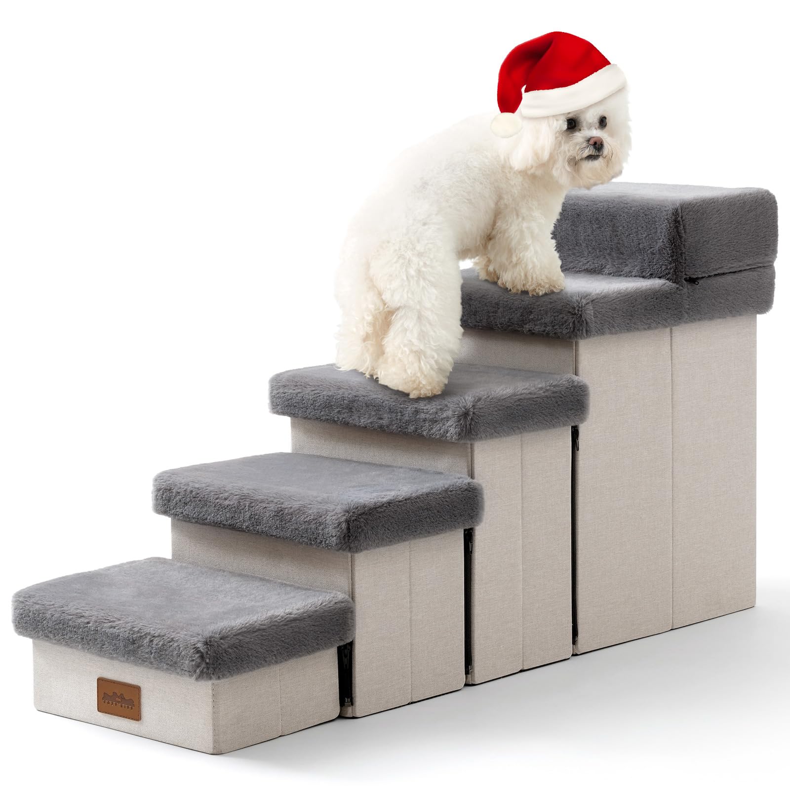 Cozy Kiss Dog Stair For Small Dogs With Storage, Foldable Pet Step With Soft Cover, Older Cat Ramp For Chair Couch Sofa, Lightwe