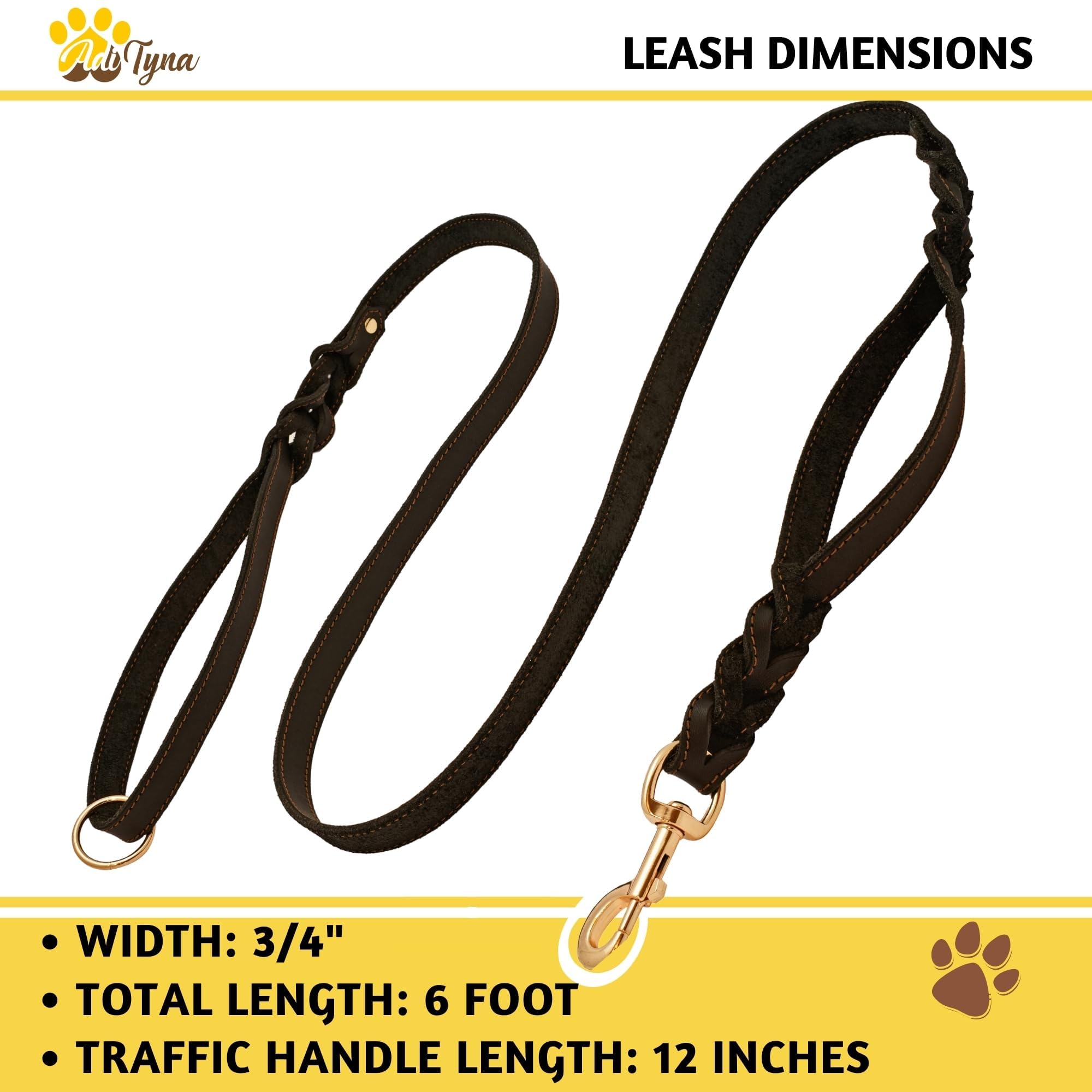 Adityna Double Handle Leather Dog Leash 6Ft - Heavy Duty Braided Leash With Traffic Handle - Lead For Training And Walking Large & Medium Dogs