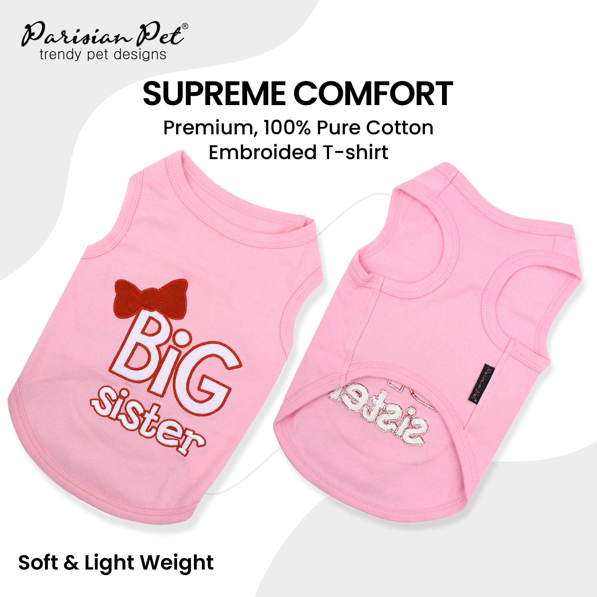 Parisian Pet Dog T-Shirt With Embroidered ' Big Sister ' - Breathable Big Sister Dog Shirt - Sleeveless Pet Vest - Machine Washable Pink Dog Shirts For Small Dogs, S