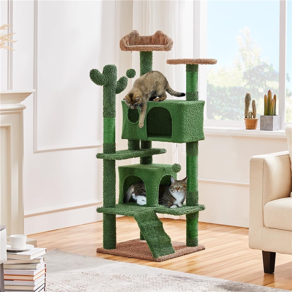 Yaheetech Cactus Cat Tree, 54.5In Tower W/Ramp, Animal-Ear Shaped Perch, Scratching Posts, Platform & Hanging Ball, Multi-Level