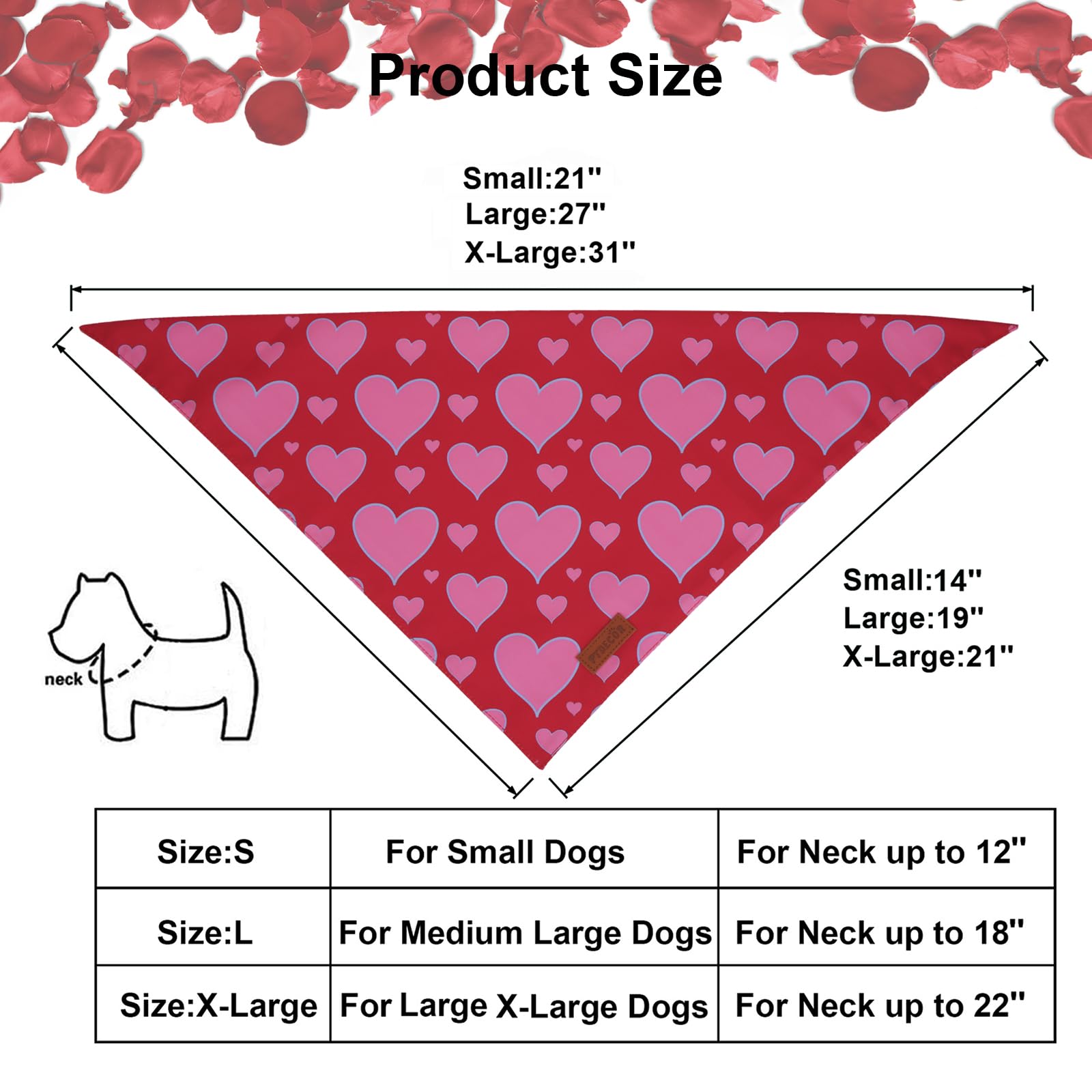 Ptdecor Valentine Dog Bandana, Reversible Valentine Pet Scarf, Multi Size, Red Heart Bandanas For Large X-Large Dogs (X-Large)