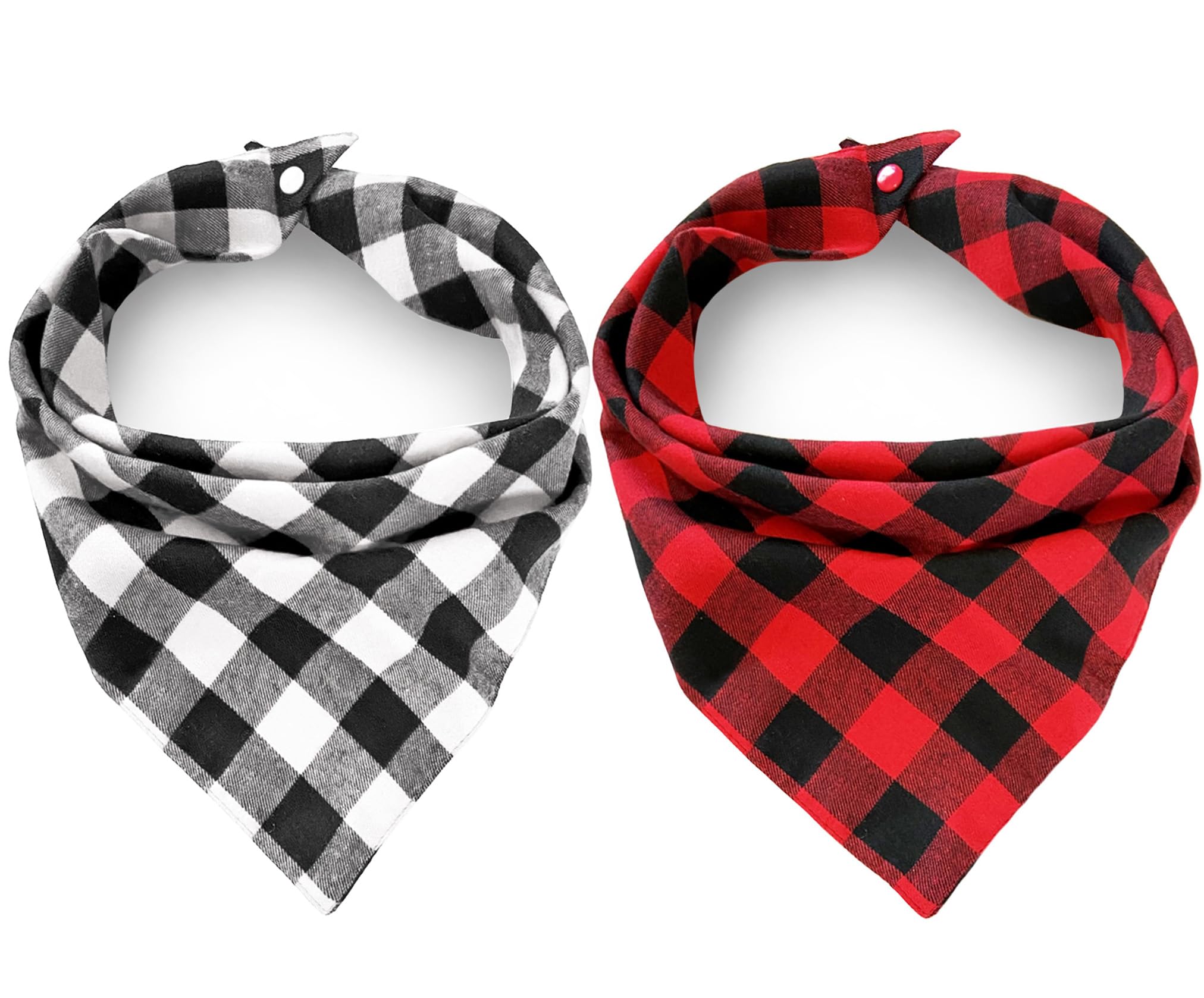 2Pcs Chirstmas Red And Black-White Plaid Dog Bandanas With Button, Dual Layer Scarf Soft Cotton Triangle Bib Girls And Boys Kerc