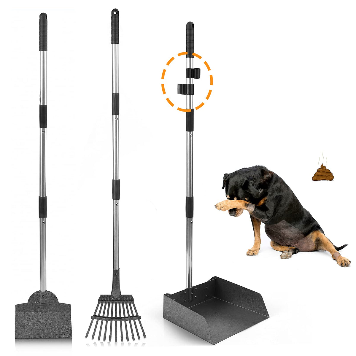 Luffwell Dog Pooper Scooper, Adjustable Handle Poop Scooper With Tray,Rake And Spade Set Of 3, Steel Stainless Poop Scoop For Medium Large Dogs And Pet Waste On Grass, Dirt And Gravel (Large Size)