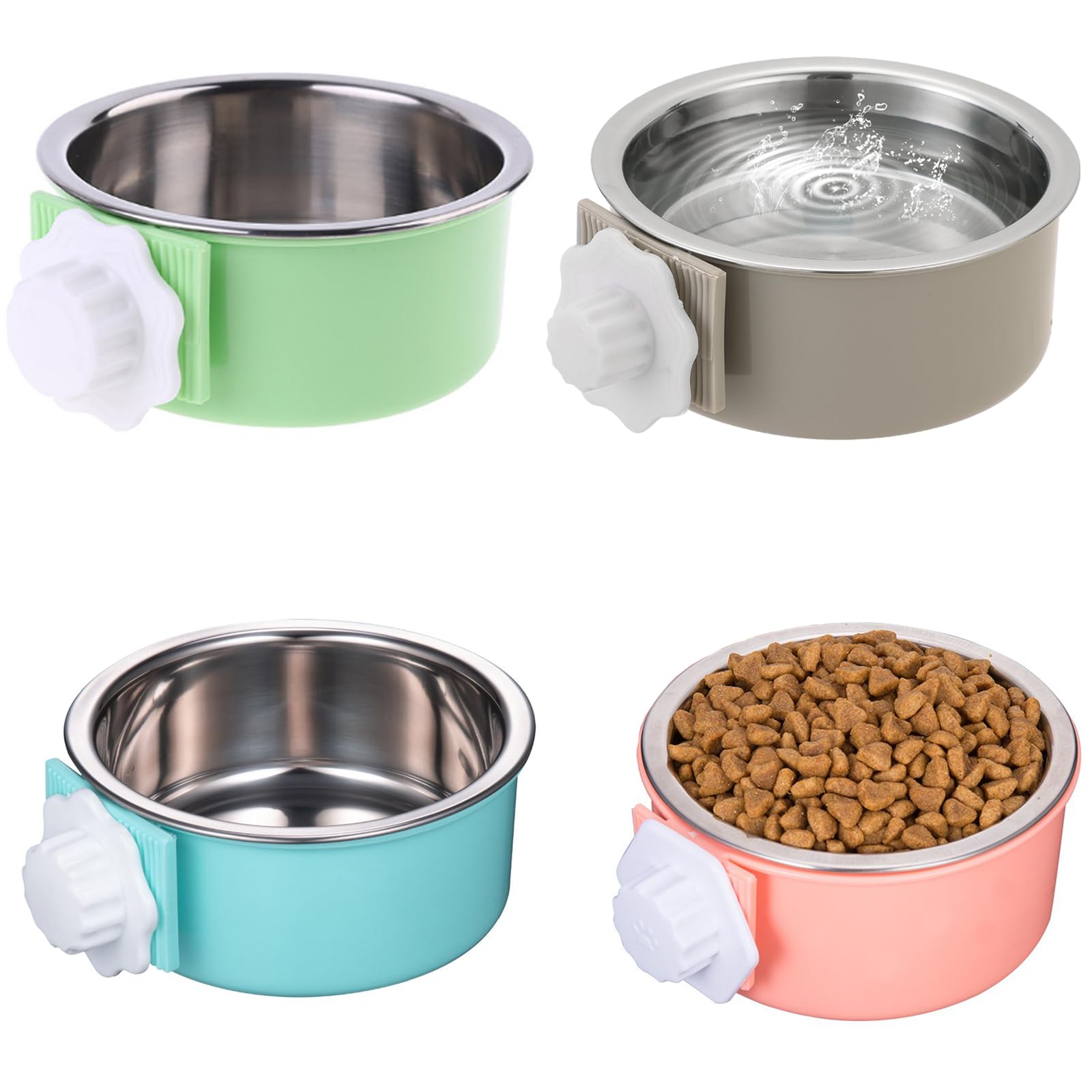 Mechpia 4 Pieces Crate Dog Bowl, Removable Stainless Steel Pet Kennel Hanging Food Water Feeder Bowl Cage Coop Cup for Puppy Med