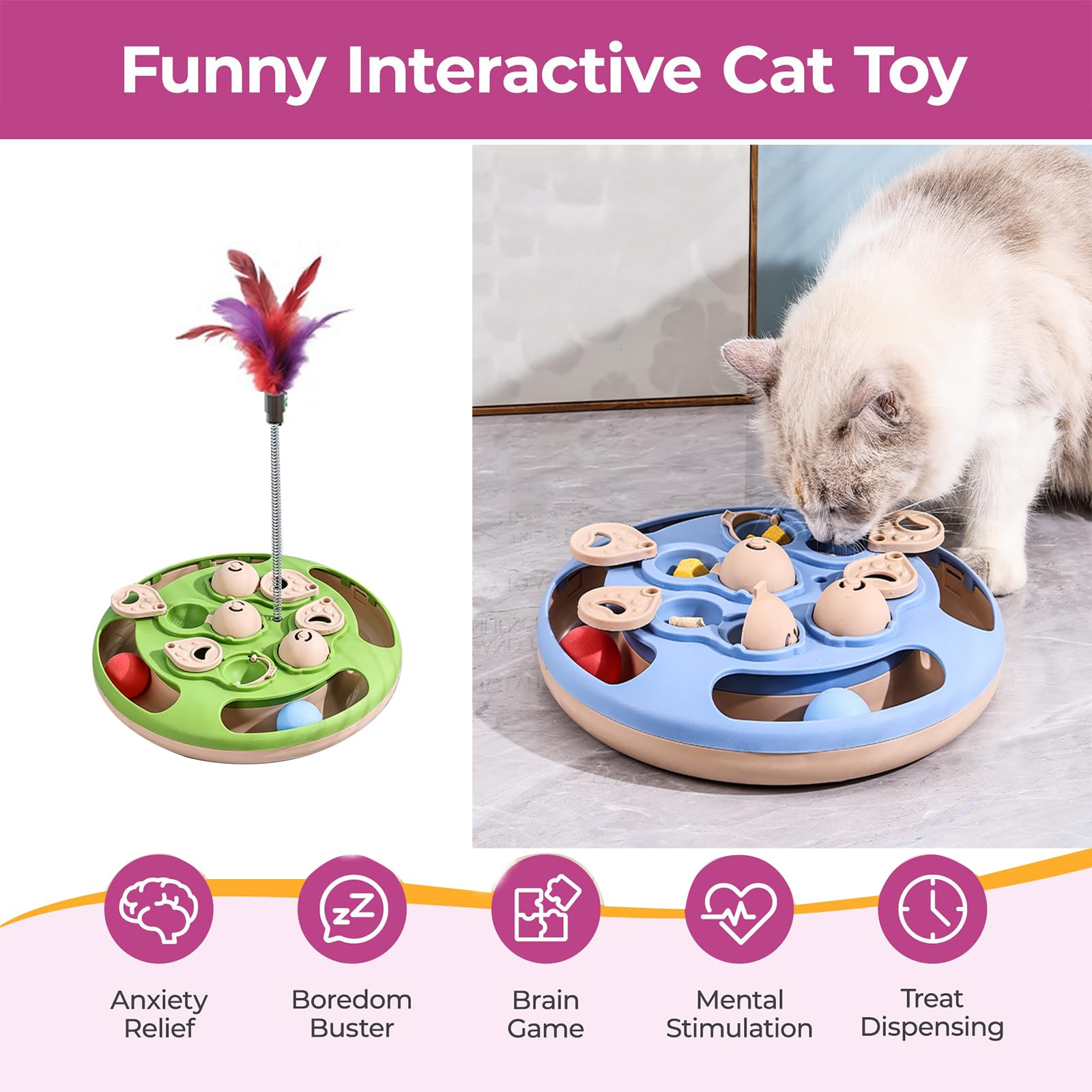 Cat Puzzle Toys Games Level 3 in 1 with Track Balls, Interactive Mentally Stimulating cat toys for IQ Training,Feather Teaser &