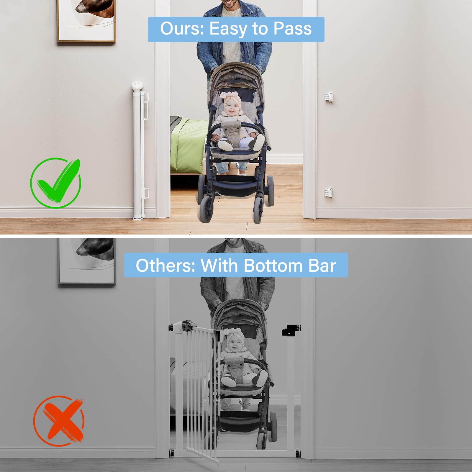 Retractable Baby Gates for Stairs, PRObebi Retractable Dog Gate Indoor Extends to 72'' Wide 34'' Tall, Child Gates for Doorways,