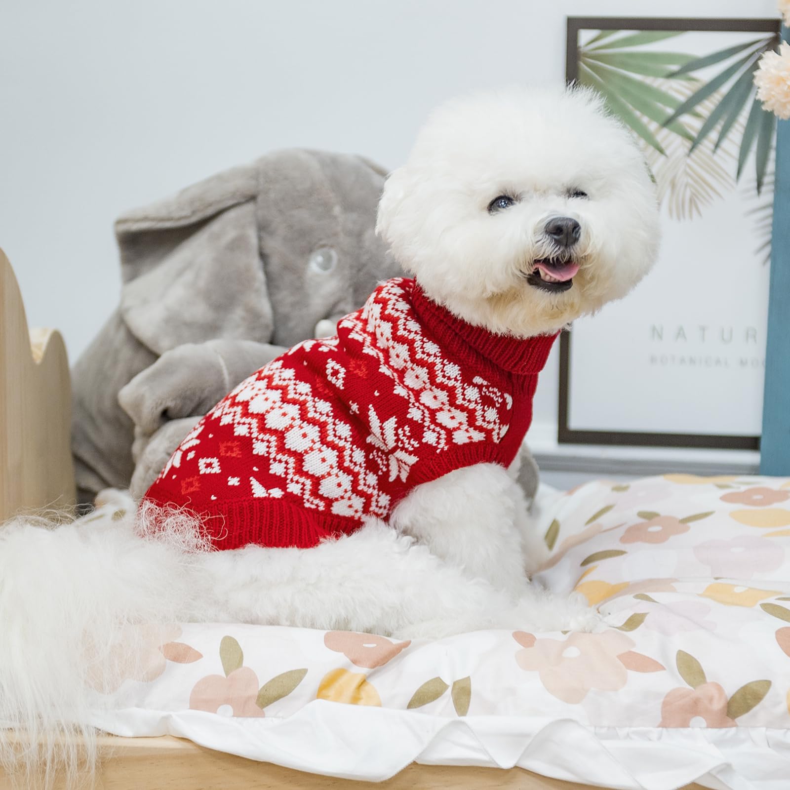 Kooltail Cable Knit Small Dog Sweater Turtleneck, Cold Weather Pullover Classic Knitwear With Leash Hole, Snowflake Pattern Thic