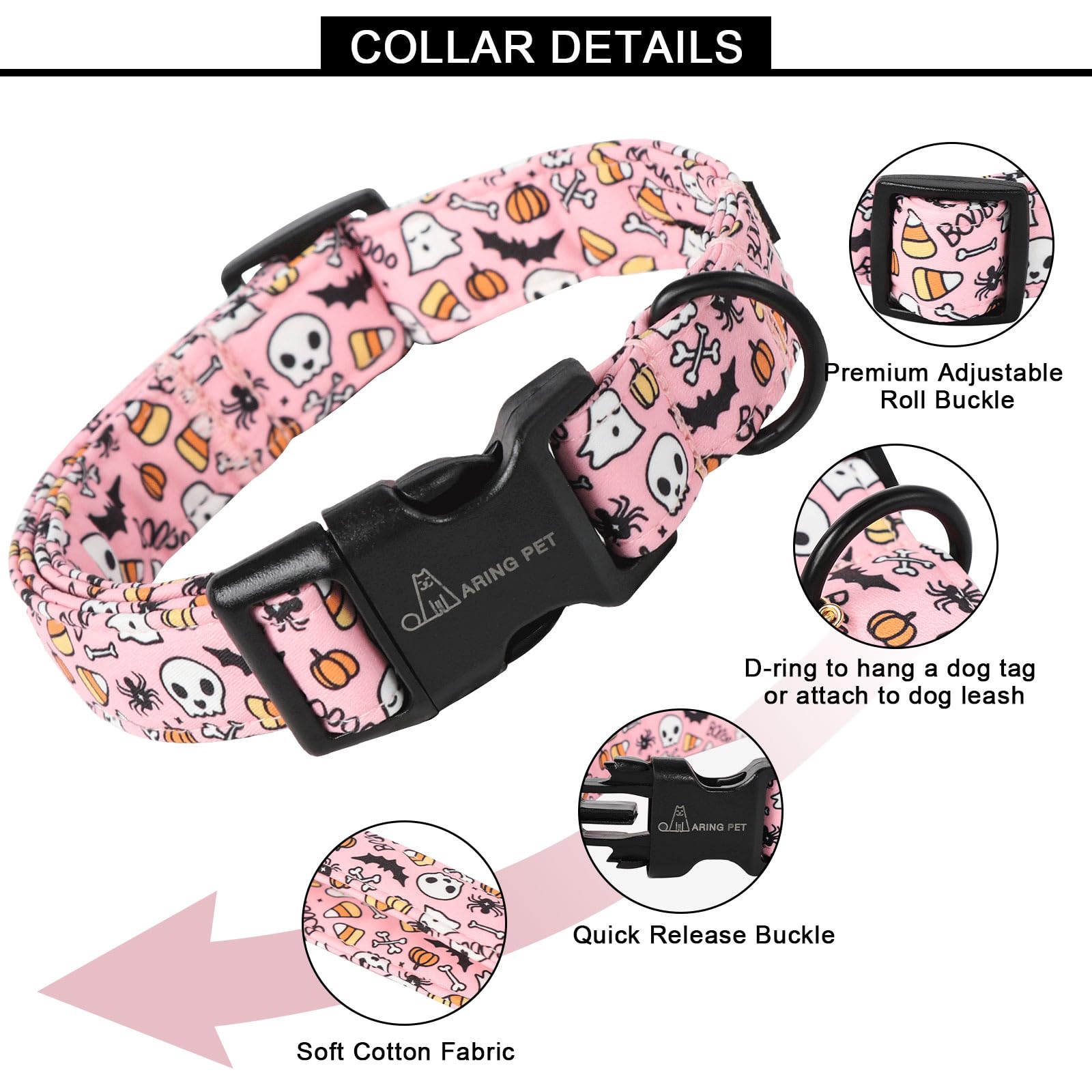 Aring Pet Halloween Dog Collar-Cute Pink Pumpkin Dog Collar, Adjustable Spider Bat Skull Print Pet Collars Puppy Collar With Qui