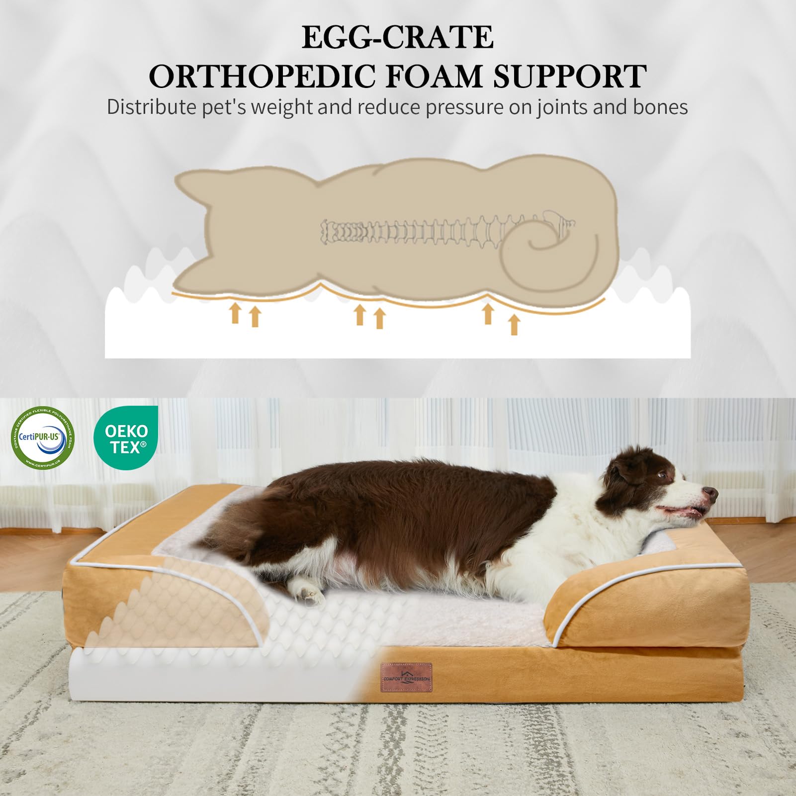 Comfort Expression Large Dog Beds Waterproof, Orthopedic Dog Beds For Large Sized Dogs, Comfy Pet Bed Sofa With Washable Removable Cover & Non-Slip Bottom(Large,Khaki)