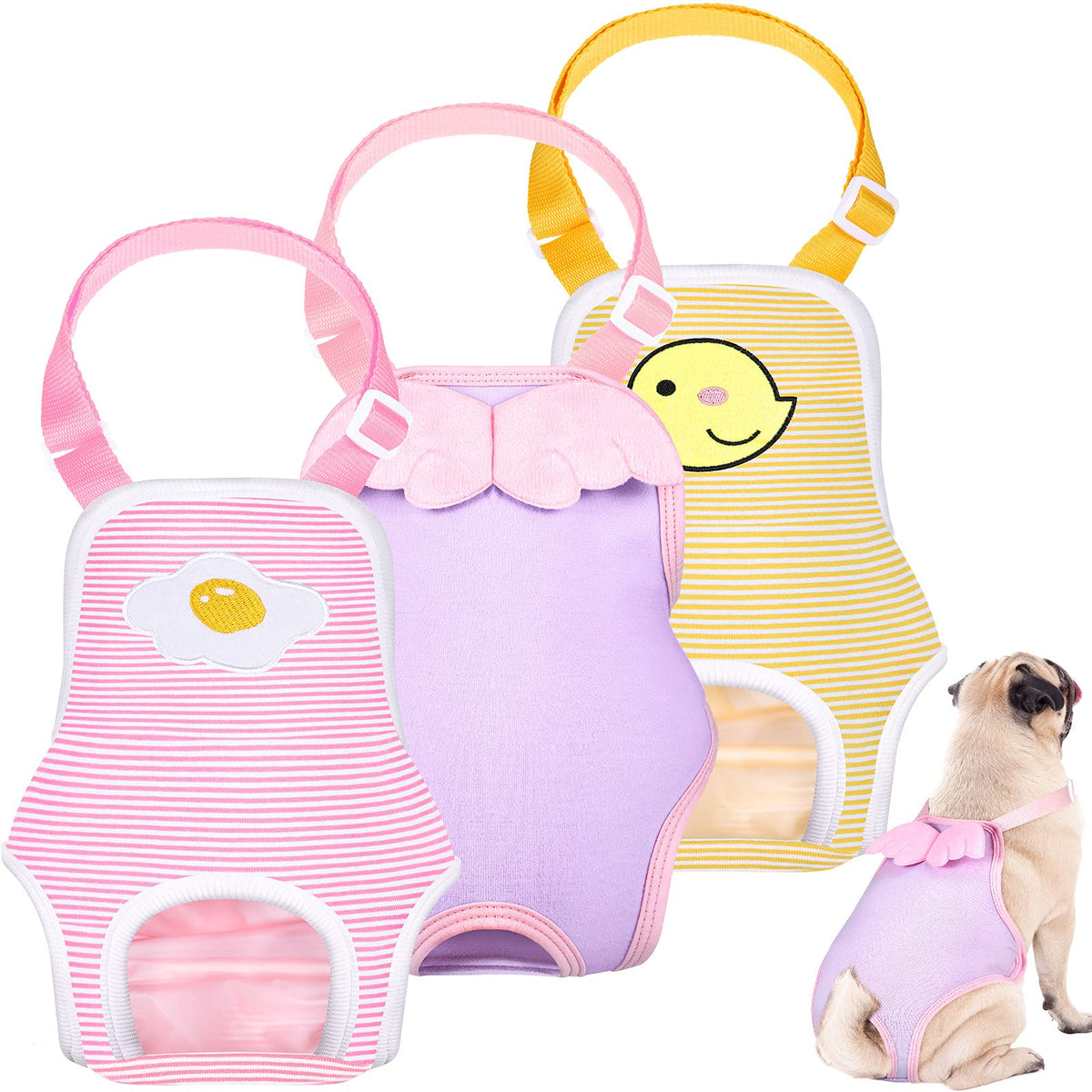 3 Pieces Dog Diaper Striped Sanitary Pantie With Adjustable Suspender Washable Reusable Puppy Sanitary Panties Cute Pet Underwear Diaper Jumpsuits For Female Dogs (Delicate Pattern, Xl)