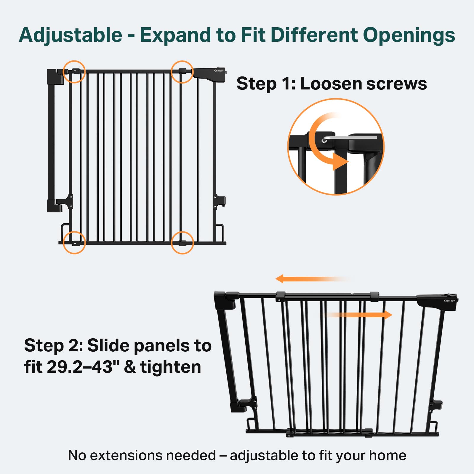 Cumbor 29.2-43 Baby Gate for Stairs, Wall-Mounted (Drill Required), Expandable No Bottom Bar Dog Gate, Auto Close Extra Wide Wal