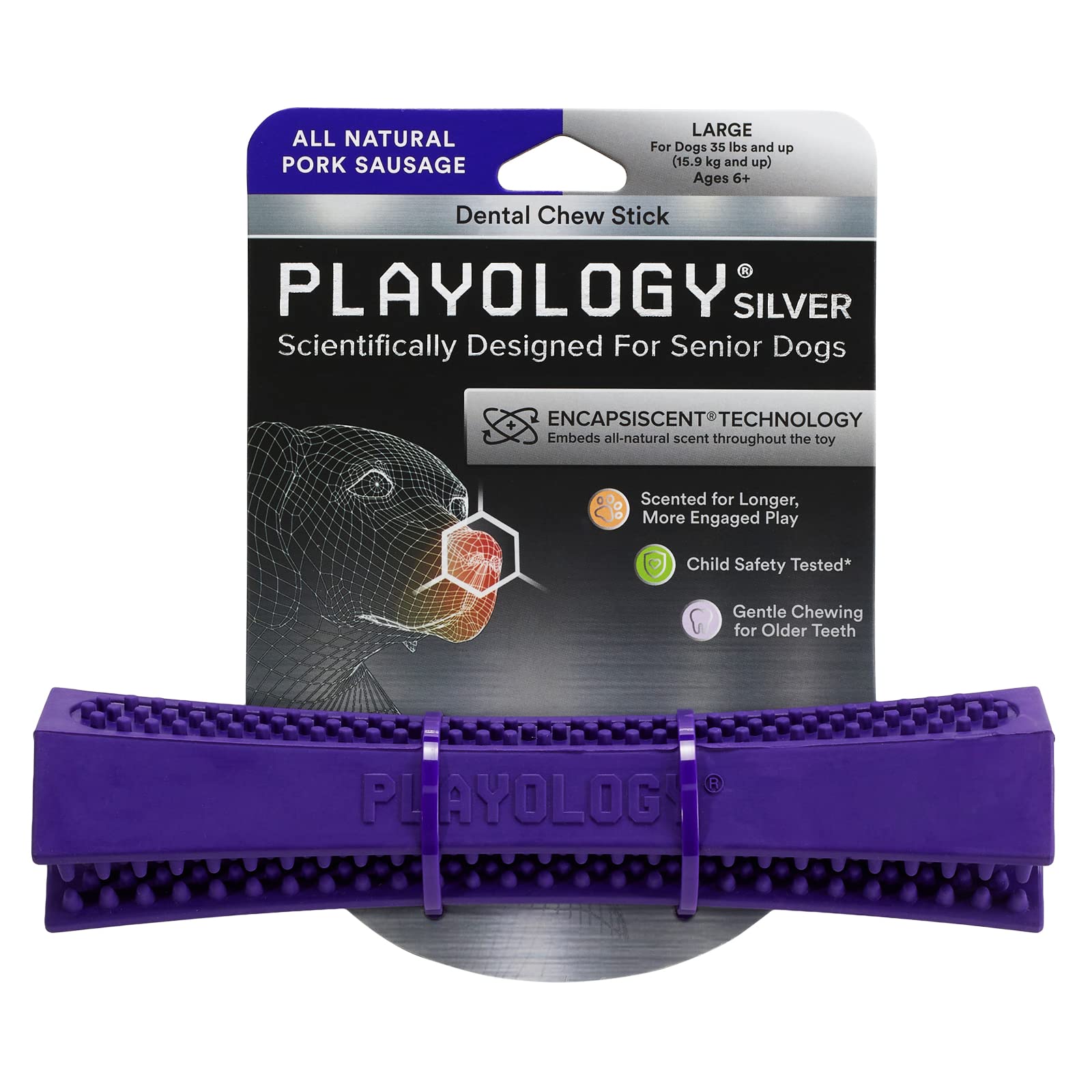 Playology Silver Dental Chew Stick Dog Toy, Large - Designed for Senior Dogs (35lbs and Up) - Engaging All-Natural Pork Sausage 