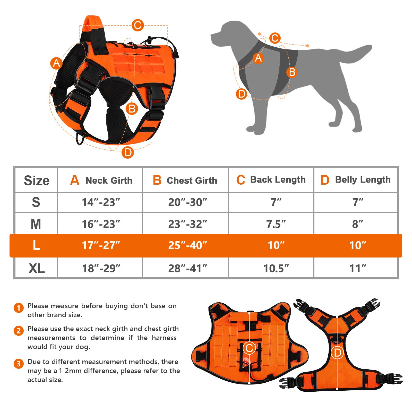 Wingoin Orange Tactical Dog Harness Vest For Large Dogs No Pull Adjustable Reflective K9 Military Dog Service Dog Harnesses With Handle For Walking, Hiking, Training(L)