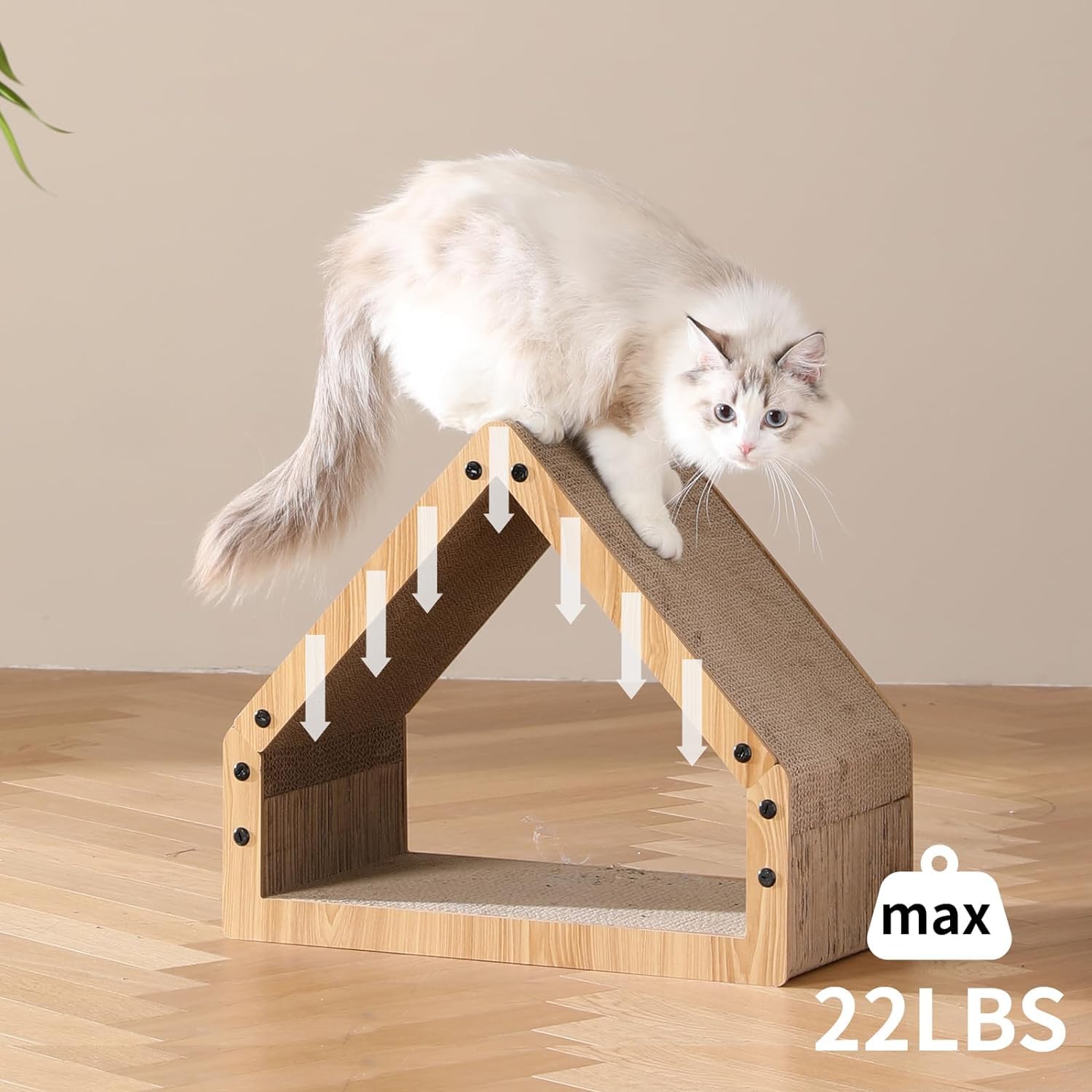 FUKUMARU Cat Scratcher House, Eco-Friendly Cardboard, Bevelled Surface, 16.14 in, Beige, Model SH02, Max Load 22 Lbs