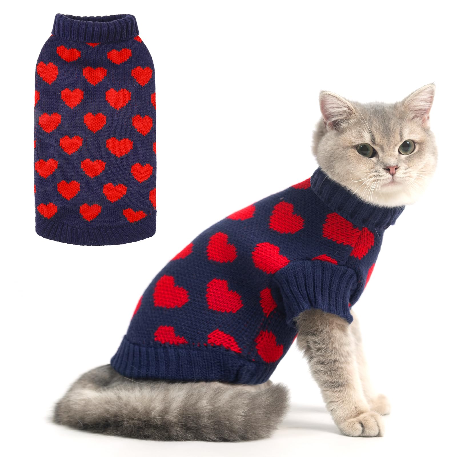 Kooltail Cat Sweater Turtleneck- Soft Knit Sweaters For Cats Only, Christmas Red Heart Love Pattern Thick Warm Cold Weather Clot