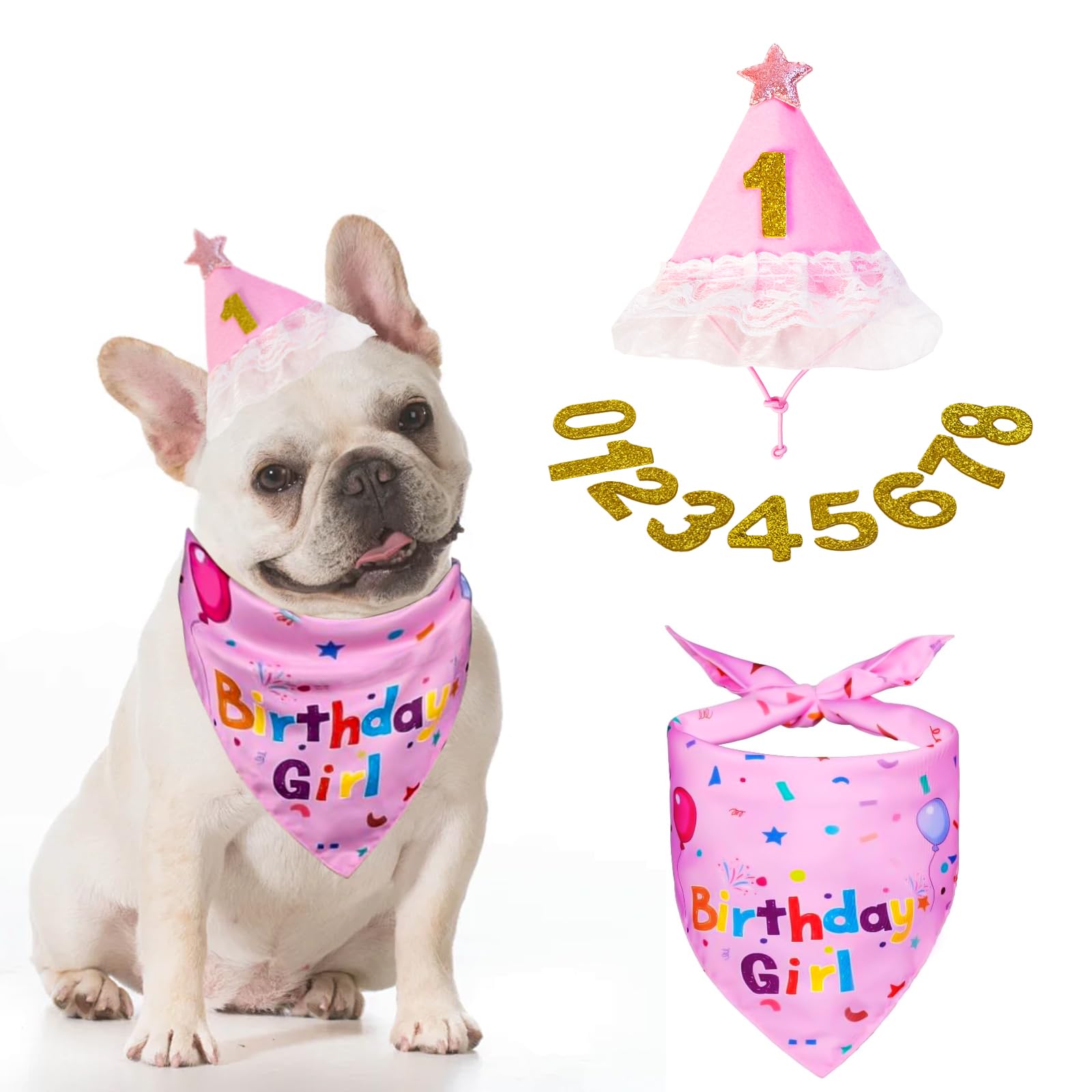Jestrem Dog Birthday Party Supplies, Pink Birthday Girl Bandana, Birthday Hat With Star And Numbers, Dog Birthday Decorations Fo